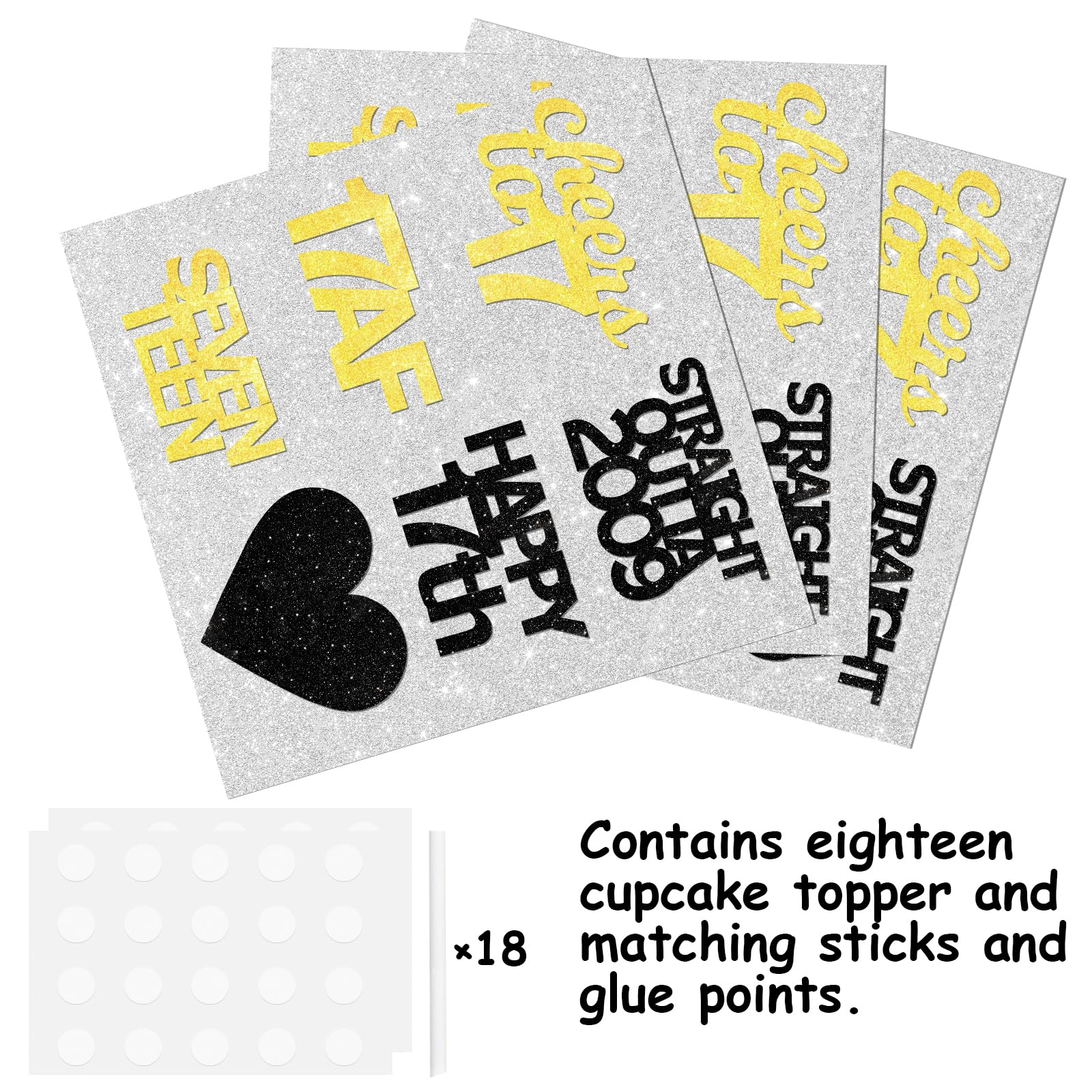 18pcs Black Gold Glitter Dessert Cupcake Pick for Straight Outta 2009 Cheer to 17 Years Old Theme Decor Supplies Happy 17th Birthday Party Decoration