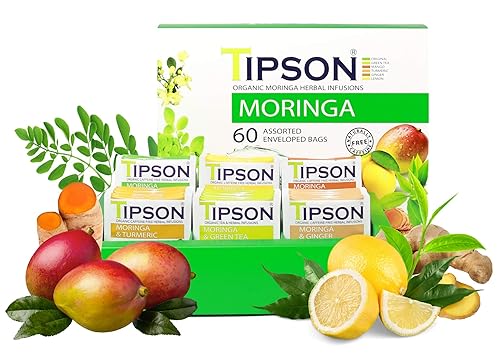 Tipson Organic Moringa Variety Sampler - 6 Flavors (60 Tea Bags),- Herbal Tea Infusions - USDA Organic, Non-GMO, and Gluten Free