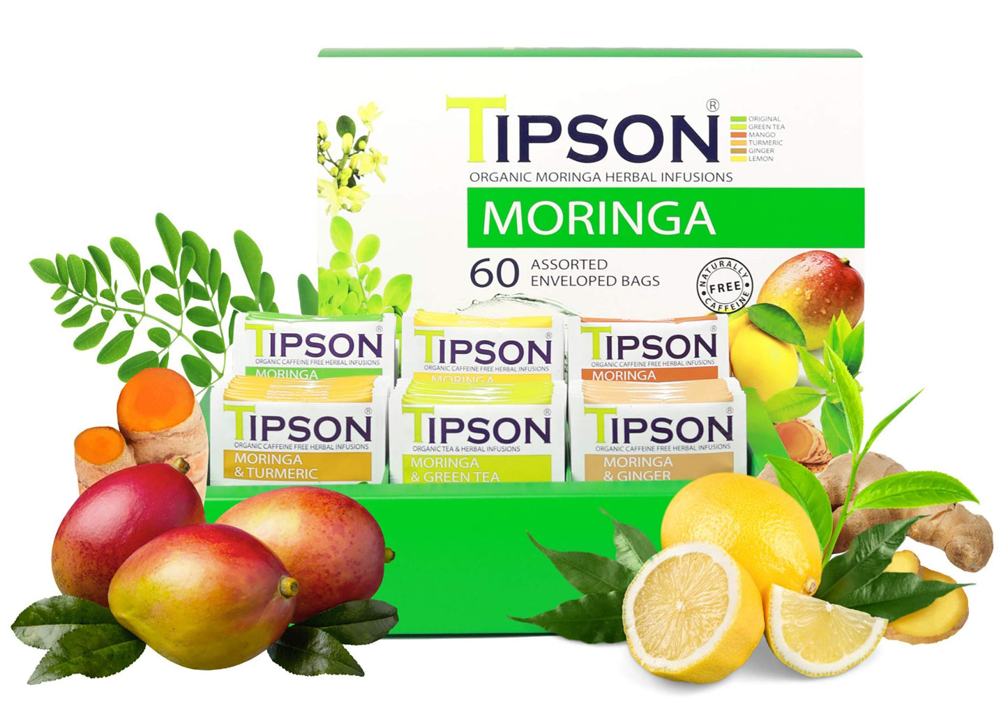 Tipson Organic Moringa Variety Sampler - 6 Flavors (60 Tea Bags),- Herbal Tea Infusions - USDA Organic, Non-GMO, and Gluten Free