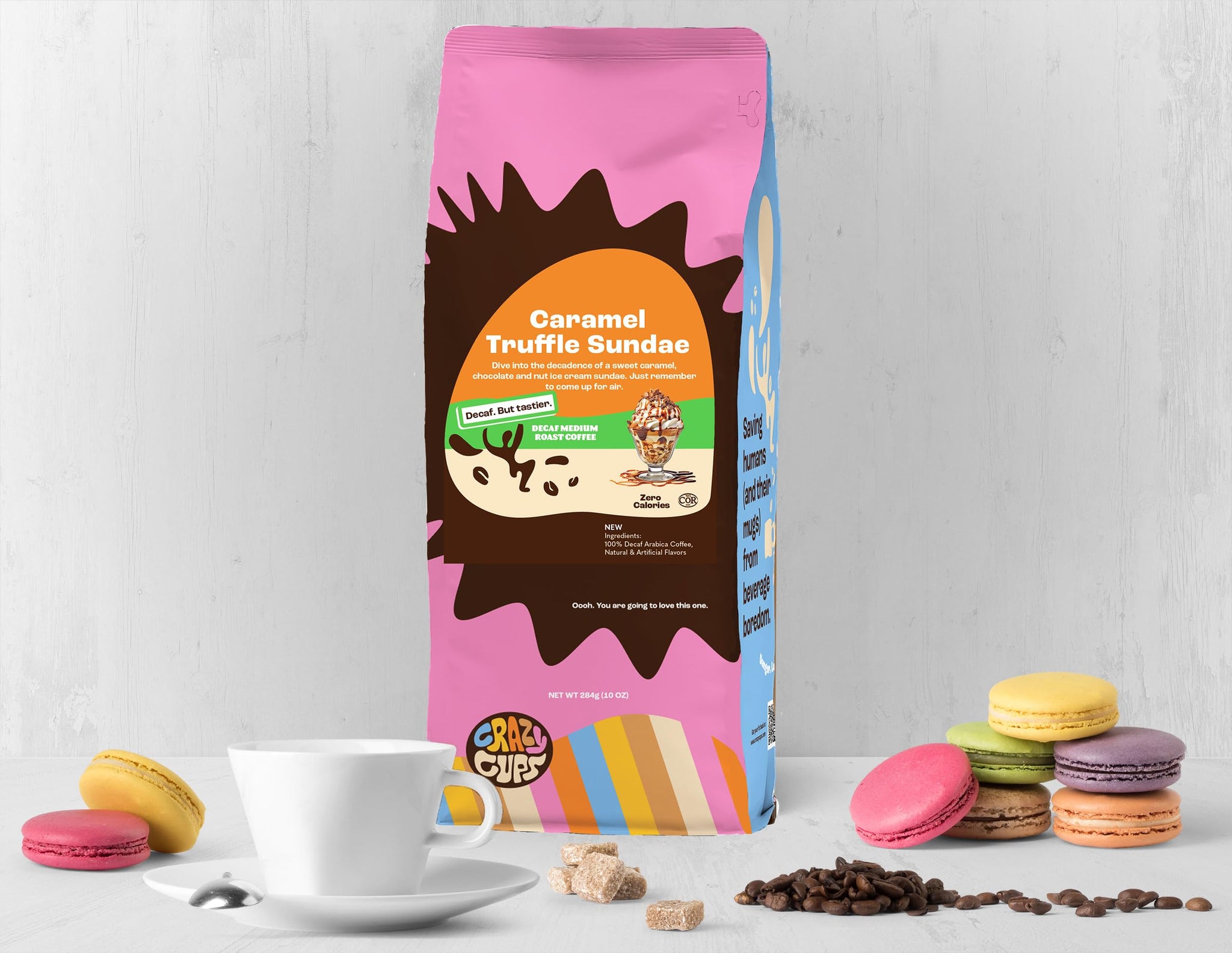 Crazy Cups Decaf Flavored Ground Coffee, Decaffeinated Caramel Truffle Sundae Coffee, For Brewing Flavored Hot or Iced Decaf Caramel Coffee, 10oz