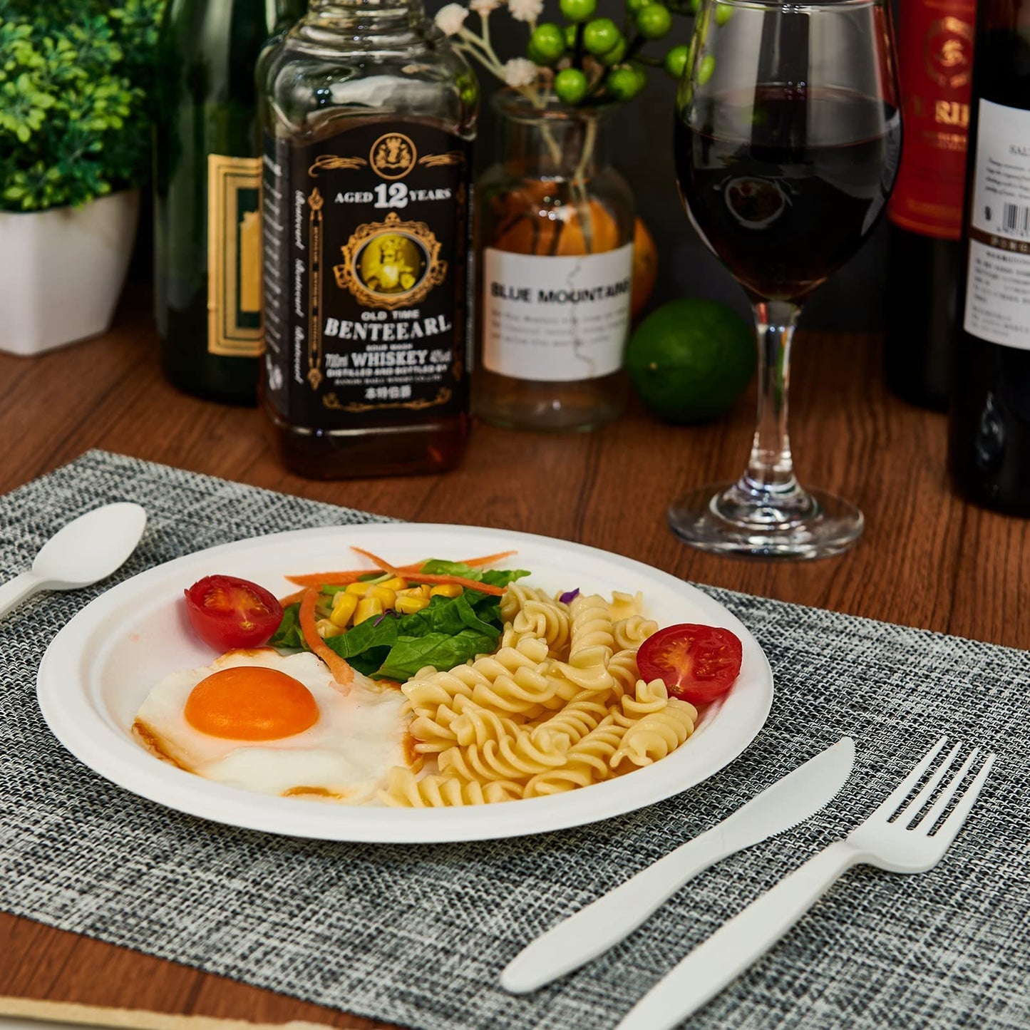 ECOLipak Heavy Duty Compostable Paper Plates Set - 350 Biodegradable Plates & Eco Friendly CPLA Cutlery for DInnerware, Party, Camping & BBQ