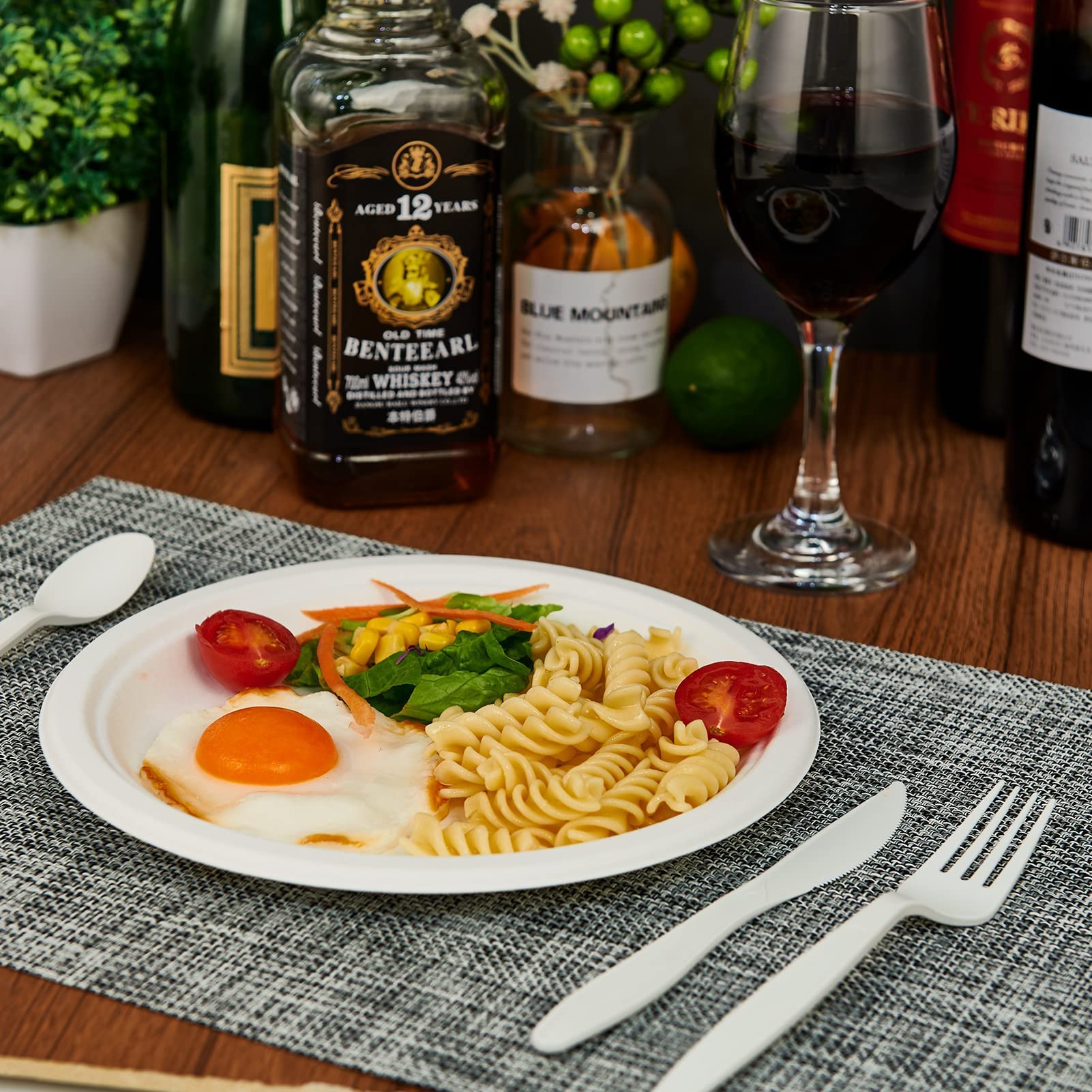 ECOLipak Heavy Duty Compostable Paper Plates Set - 350 Biodegradable Plates & Eco Friendly CPLA Cutlery for DInnerware, Party, Camping & BBQ