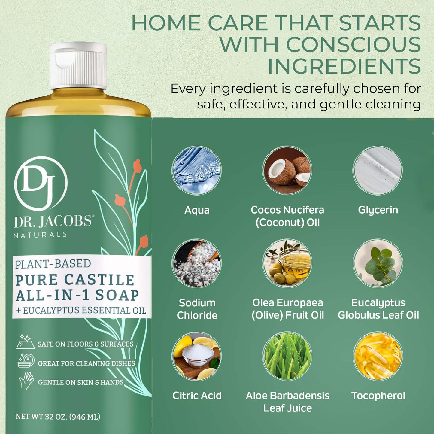 Dr. Jacobs Naturals Eucalyptus Castile All-in-One Cleaner and Soap - Plant-Based Formula for House Cleaning Floors and Appliances - Gentle on Skin