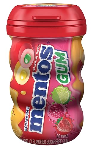 MENTOS SUGAR-FREE CHEWING GUM, RED FRUIT LIME, 50 PIECE BOTTLE