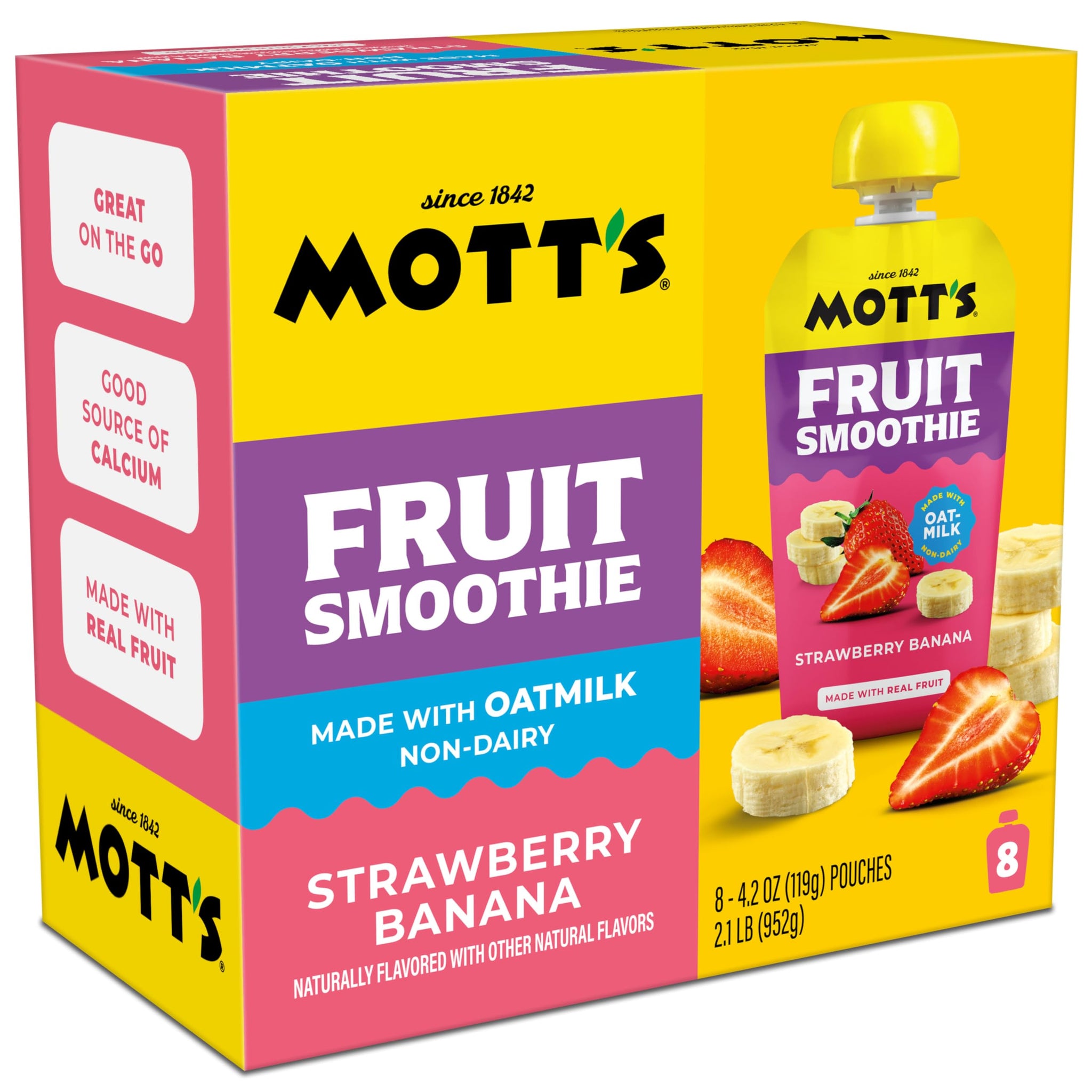 Mott’s Fruit Smoothies Strawberry Banana, 4.2 oz clear pouches, 8 Pack, Non-dairy, Made With Oatmilk, Made With Real Fruit, Good Source of Calcium