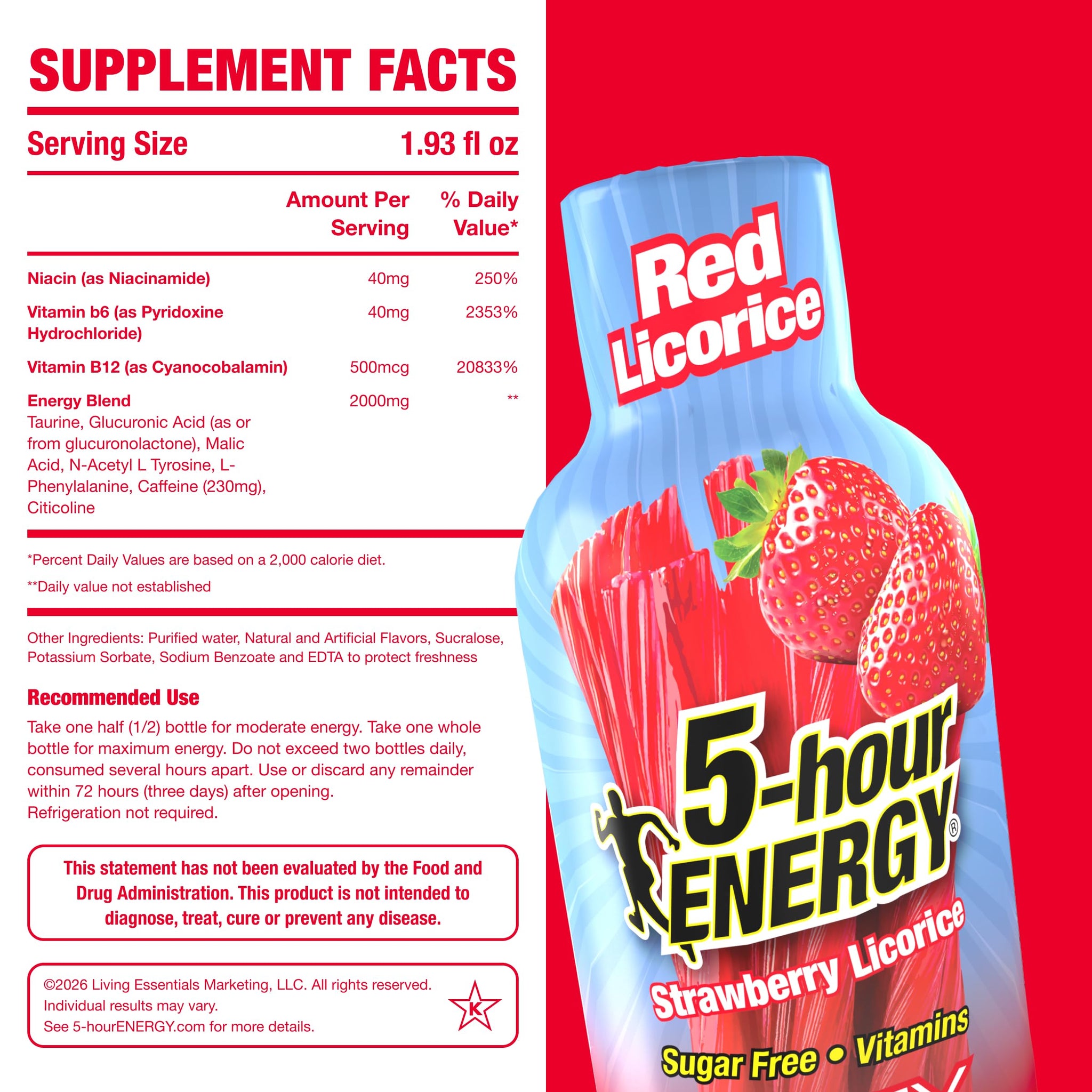 5-hour ENERGY RED LICORICE Flavor, 6 Count, 1.93 Fl Oz Energy Shot, Extra Strength, Amino Acids, B Vitamins, Sugar Free and Zero Calories