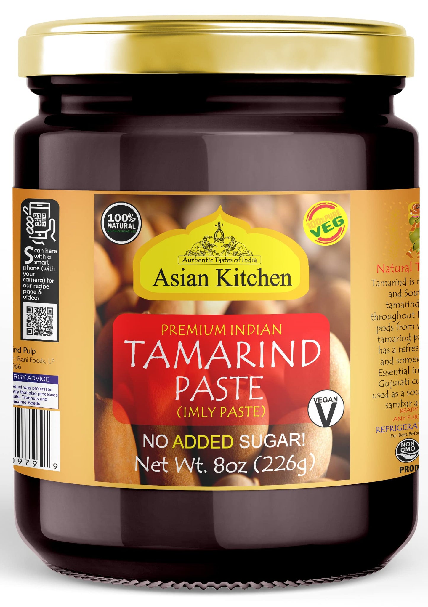 Asian Kitchen Tamarind Paste Puree (Imli) 8oz (227g) Glass Jar, Gluten Free, No Added Sugar ~ All Natural | Vegan | Non-GMO | No Colors | Indian