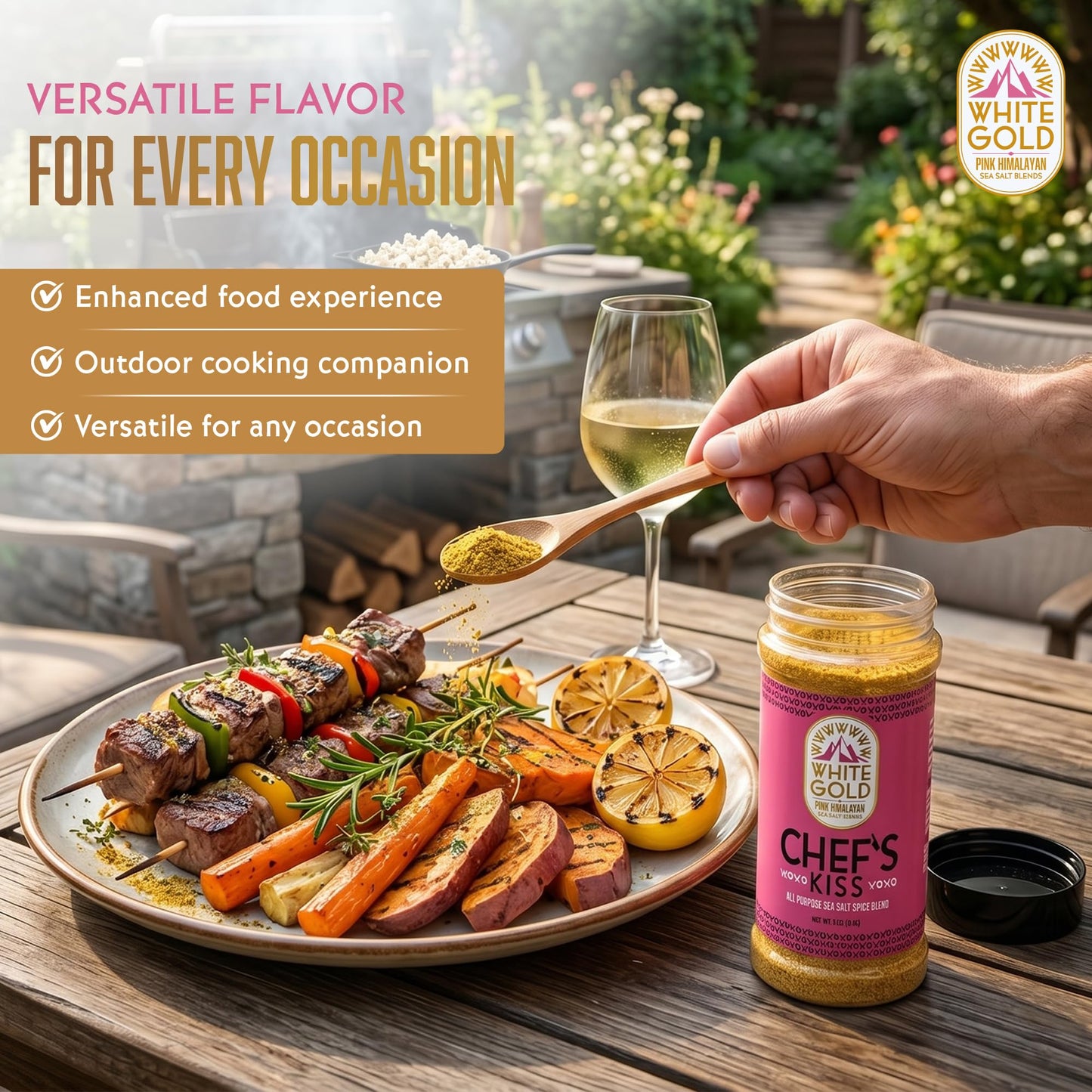 White Gold Chef’s Kiss All Purpose Seasoning with Pink Himalayan Sea Salt - Gourmet Seasoned Salt Blend Perfect for Cooking Meats & Vegetables