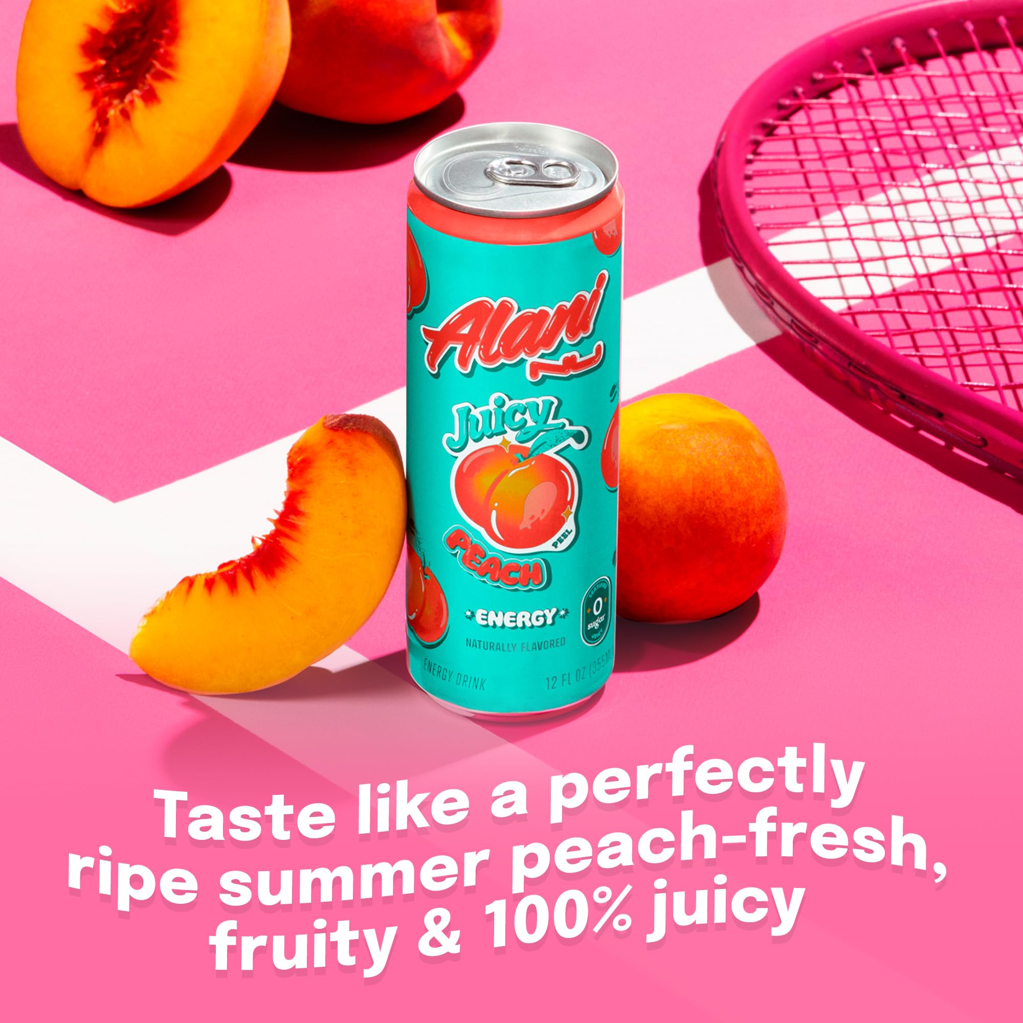 Alani Nu JUICY PEACH, Sugar Free, Low Calorie Energy Drinks, 200mg Caffeine, Biotin, B Vitamins, Zero Sugar, 10 Calories, 12 Fl Oz Cans, 12 Pack