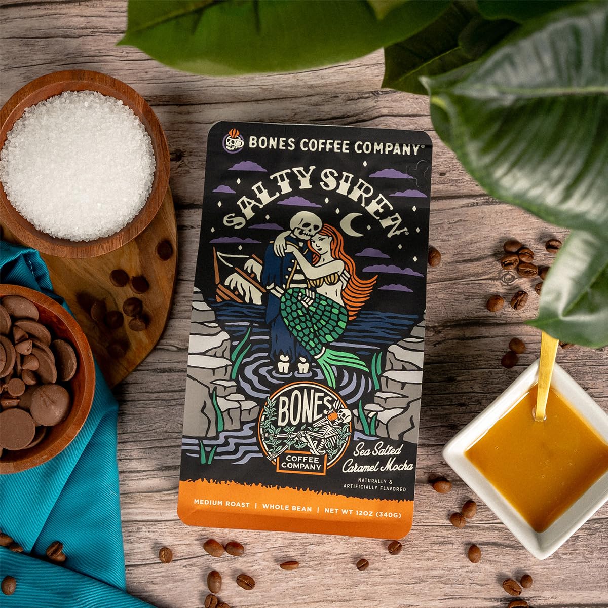 Bones Coffee Company Decaf Salty Siren, Sea Salted Caramel Chocolate Decaffeinated Flavored Coffee, Medium Roast Low Acid Arabica Beans For Auto drip