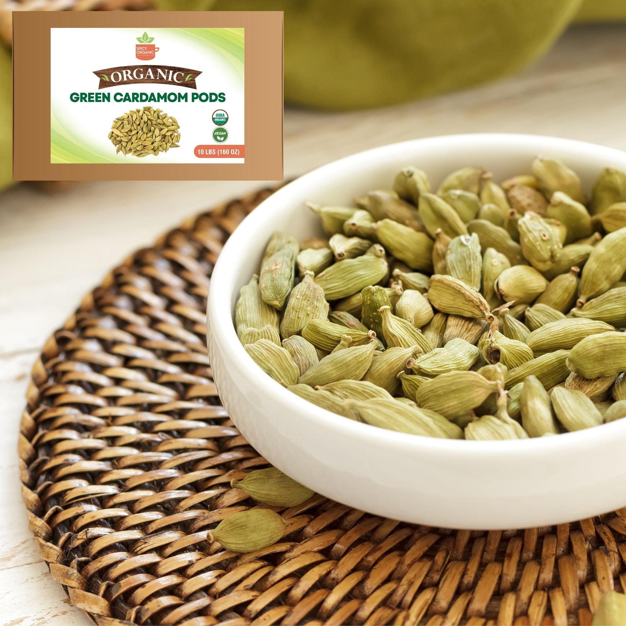 SPICY ORGANIC Bulk Green Cardamom Pods 10 LBS (160 OZ) - Freshly Harvested Cardamom Spice for Superior Flavor and Aroma - Non-GMO- Gluten Friendly