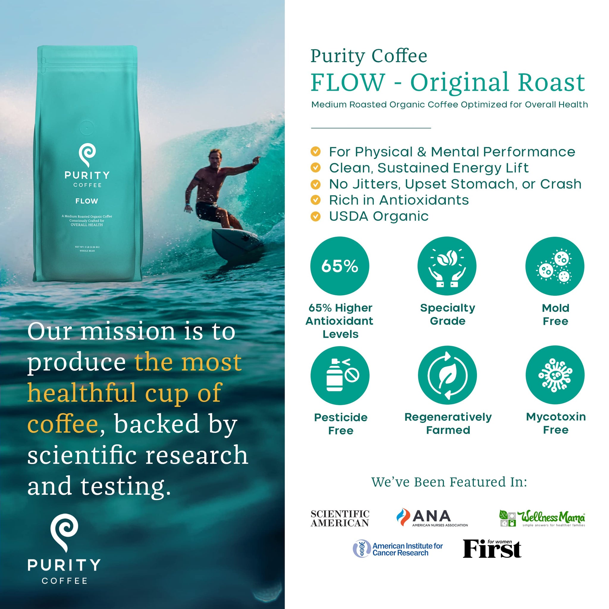 Purity Coffee FLOW Original Medium Roast Whole Bean (5lb Bag) | Specialty-Grade USDA Organic Arabica Blend | Third Party Tested for Mold, Mycotoxins