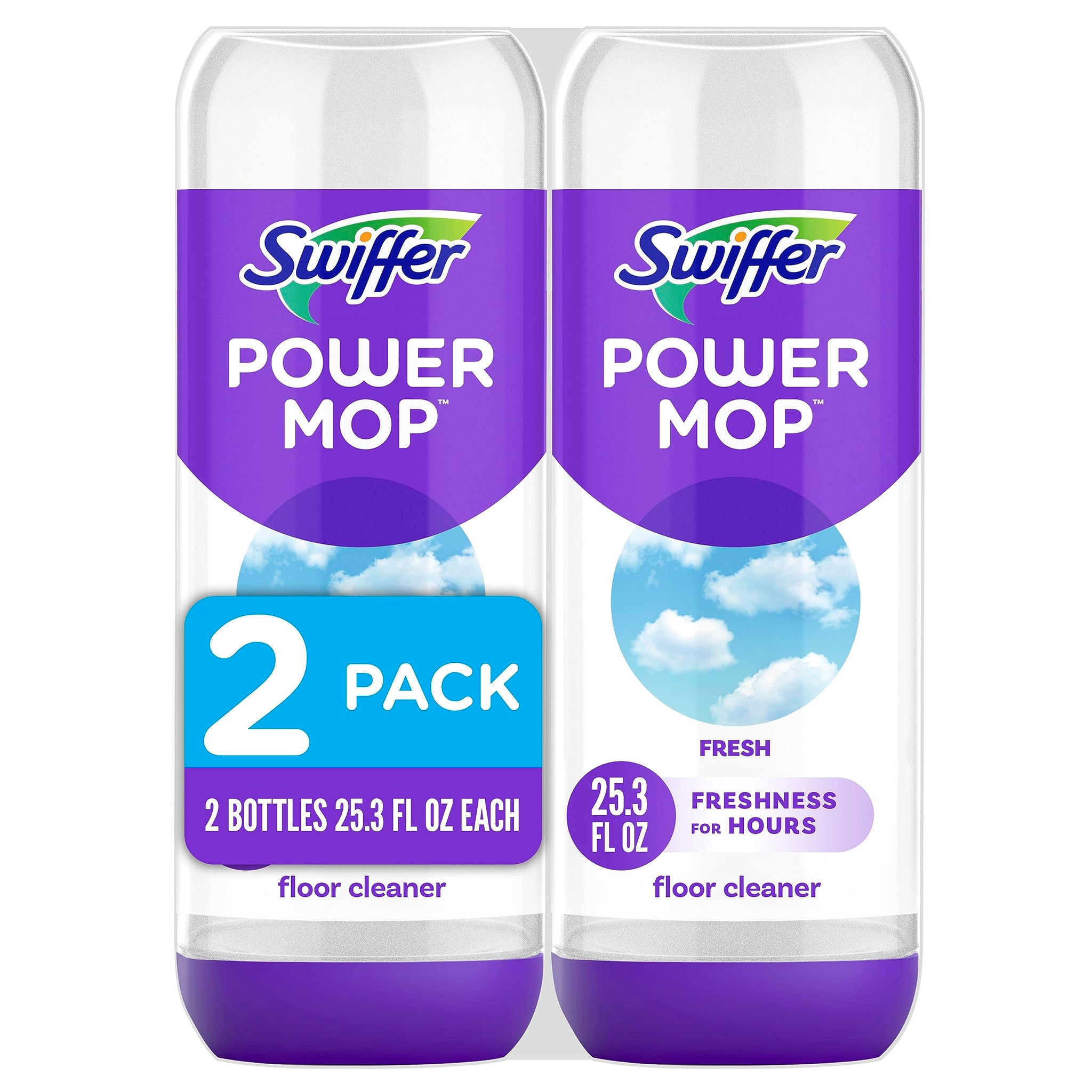 Swiffer PowerMop Liquid Floor Cleaner Refills, Solution for Power Mop, Fresh Scent, 2 Count Mopping Fluid Replacement Bottle, Spray Mops Cleaning