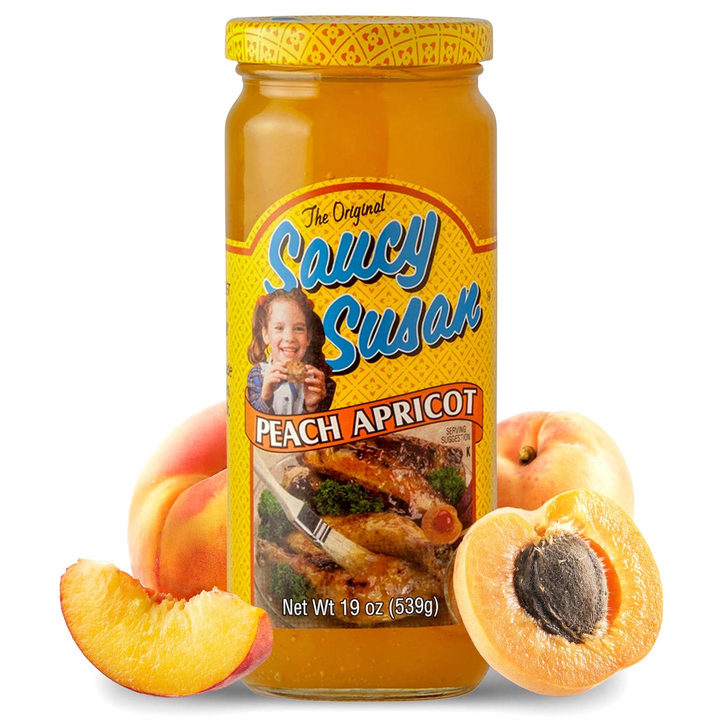 Saucy Susan Peach Apricot ORIGINAL Sauce 19 oz Jar - Sweet & tangy blend of apricots, peaches & spices; ideal for glazing, dipping, marinating or