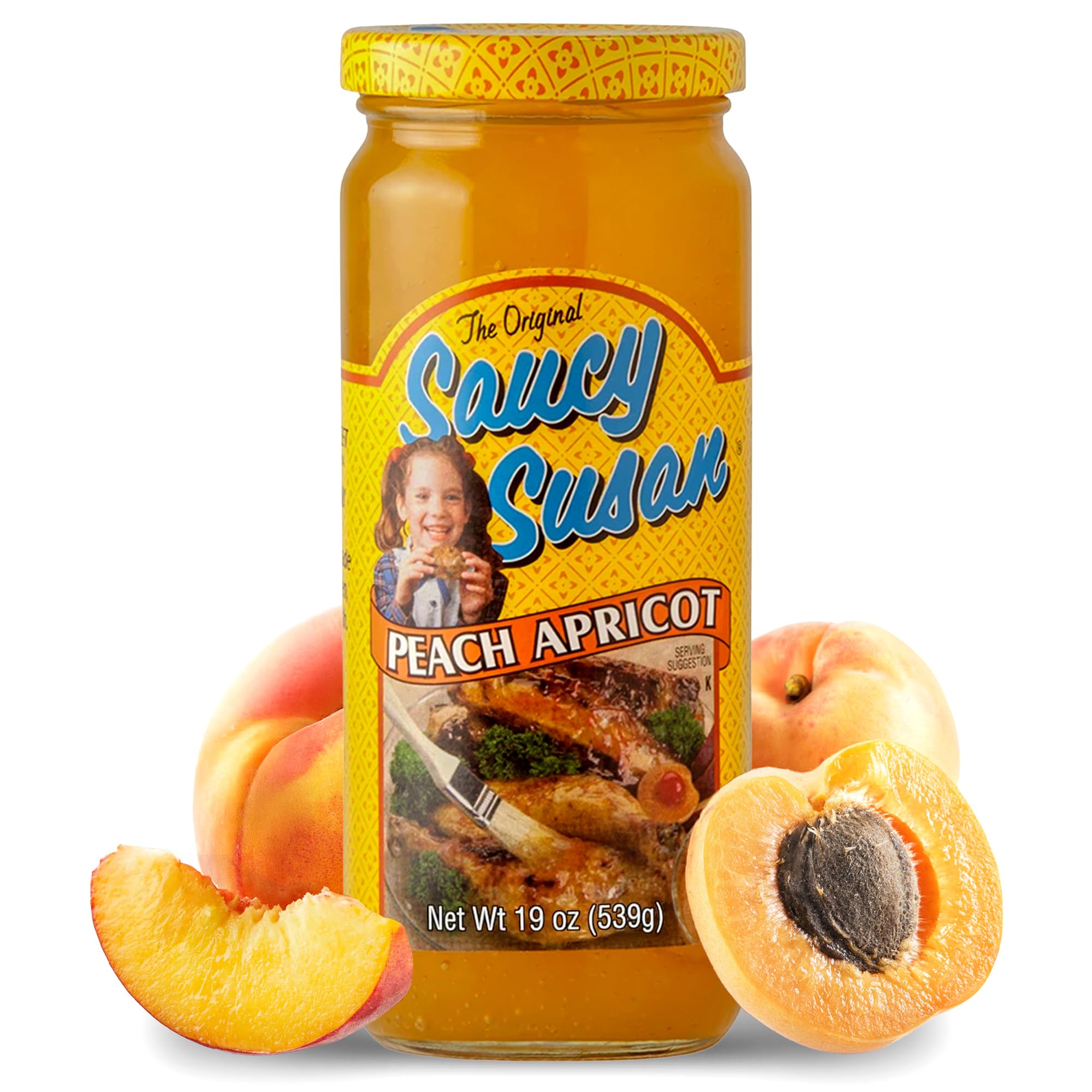 Saucy Susan Peach Apricot ORIGINAL Sauce 19 oz Jar - Sweet & tangy blend of apricots, peaches & spices; ideal for glazing, dipping, marinating or