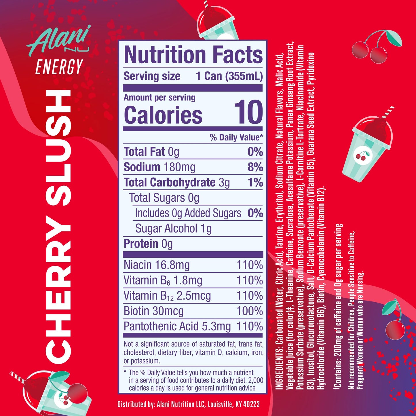 Alani Nu CHERRY SLUSH Ice Sugar Free, Low Calorie Energy Drinks | 200mg Caffeine | Antioxidants | Biotin, B Vitamins | Zero Sugar | 15 Calories or