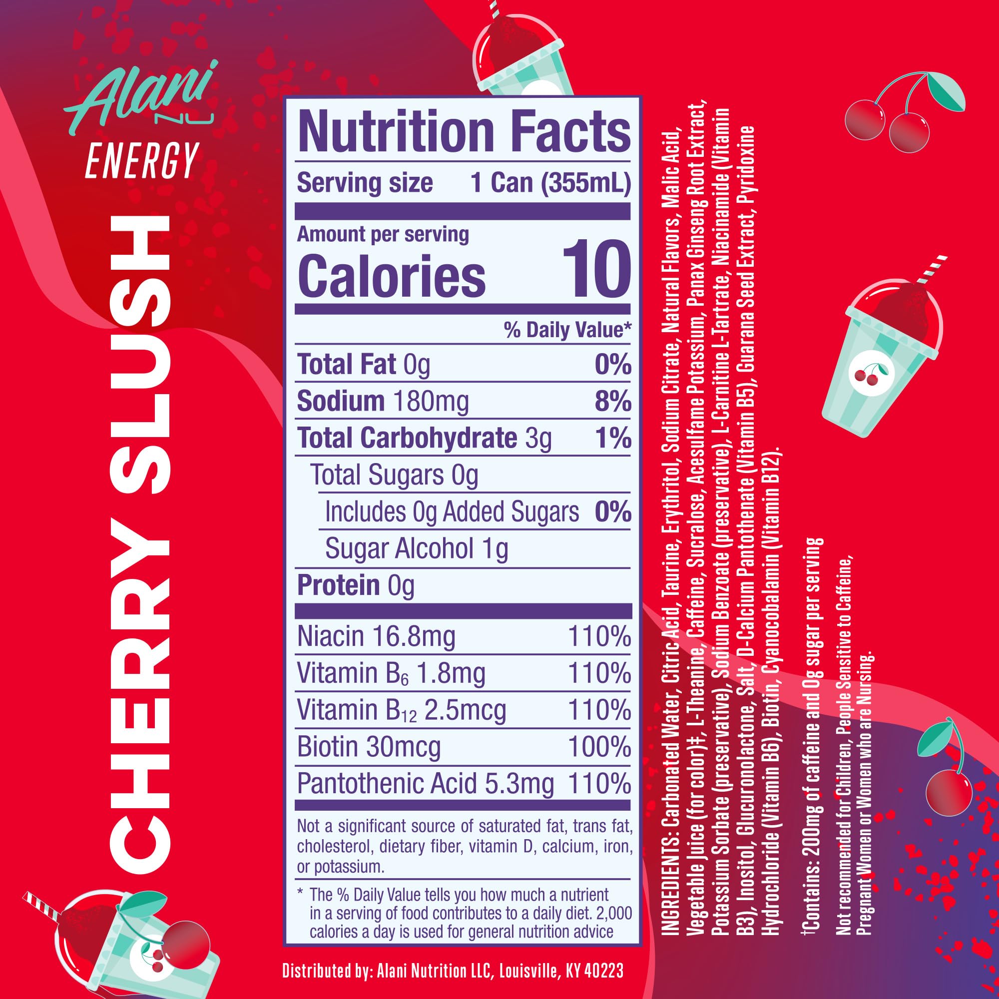 Alani Nu CHERRY SLUSH Ice Sugar Free, Low Calorie Energy Drinks | 200mg Caffeine | Antioxidants | Biotin, B Vitamins | Zero Sugar | 15 Calories or