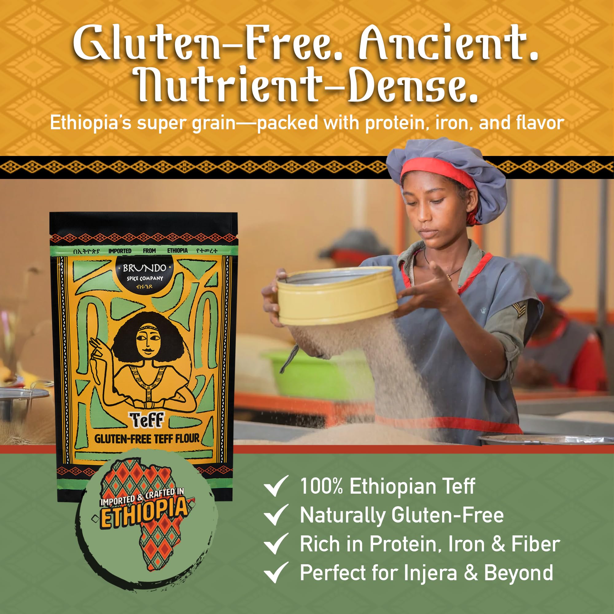 Brundo Ethiopian Spice Company | Gluten Free Teff Flour | Hand Picked & Processed Authentic Powdered Ethiopian Teff Grain | Harvested in and Imported