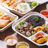 Freshware Clamshell Food Containers with Lids [8x8"] 3-Compartment 100-Pack, Disposable To Go Containers, Biodegradable Sugarcane To Go Boxes - Paper