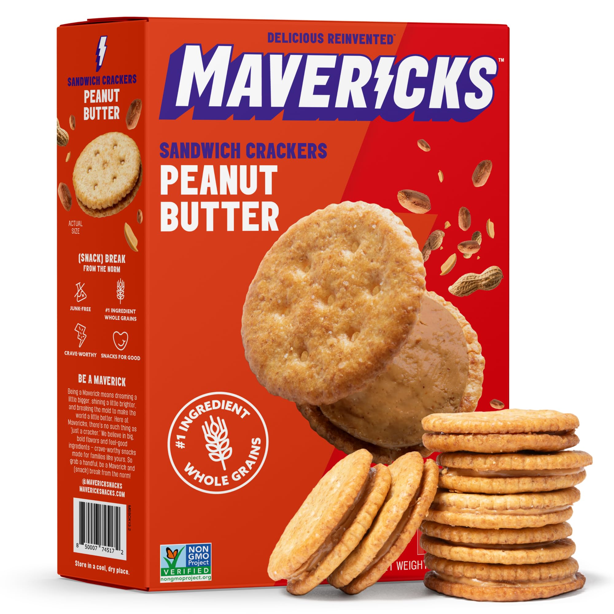 Mavericks Sandwich Crackers Peanut Butter - Plant-based Peanut Butter Sandwich Snack Crackers, Whole Grain, Non-GMO - Back to School - 7 oz Box (1