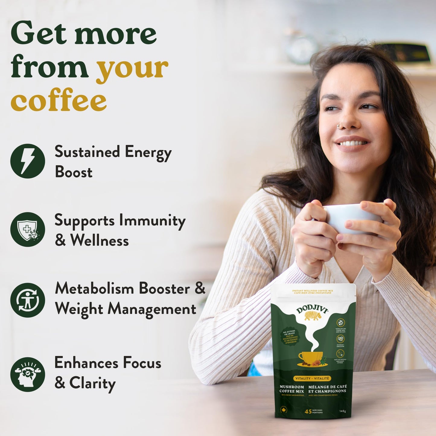 Dodjivi Organic Reishi Mushroom Coffee, Sustained Energy & Focus, Instant Coffee, Arabica with Adaptogenic Herbs, Sugar-Free, Vegan, Keto-Friendly