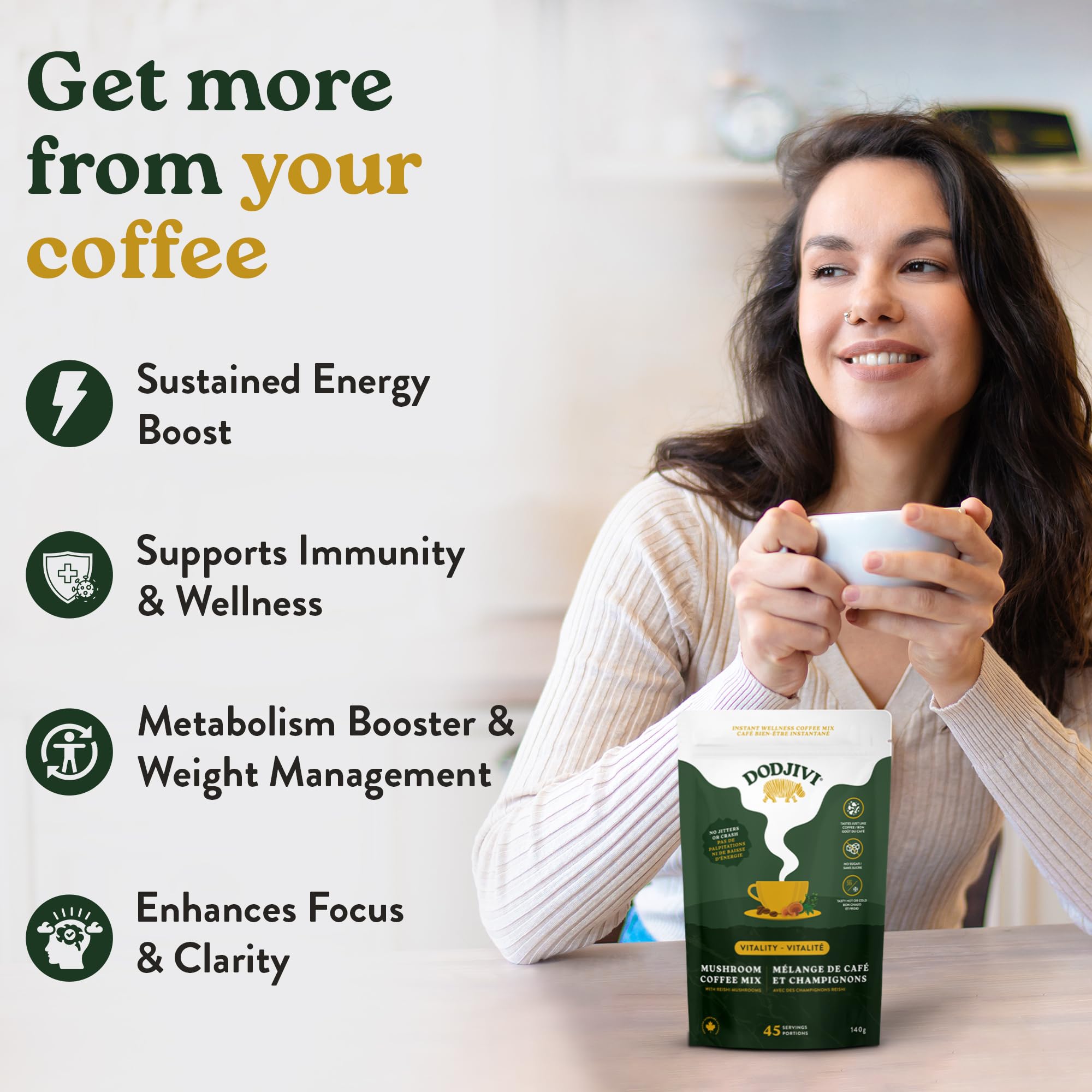 Dodjivi Organic Reishi Mushroom Coffee, Sustained Energy & Focus, Instant Coffee, Arabica with Adaptogenic Herbs, Sugar-Free, Vegan, Keto-Friendly