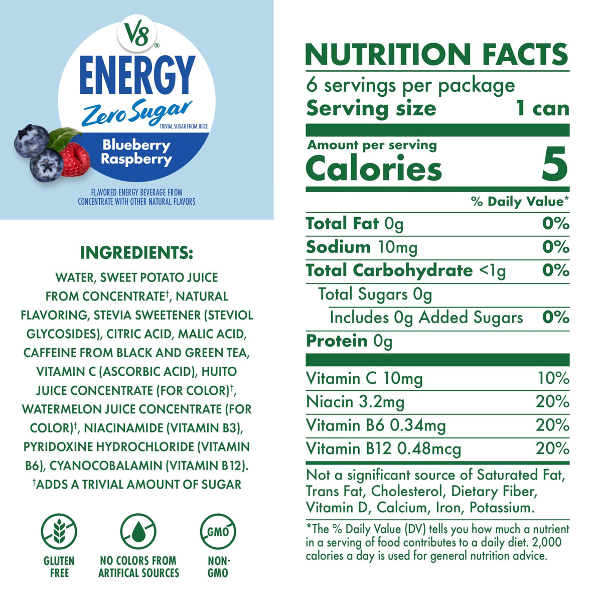 V8 Energy Zero Sugar Blueberry Raspberry, 8 fl. oz. Can (6 Pack)