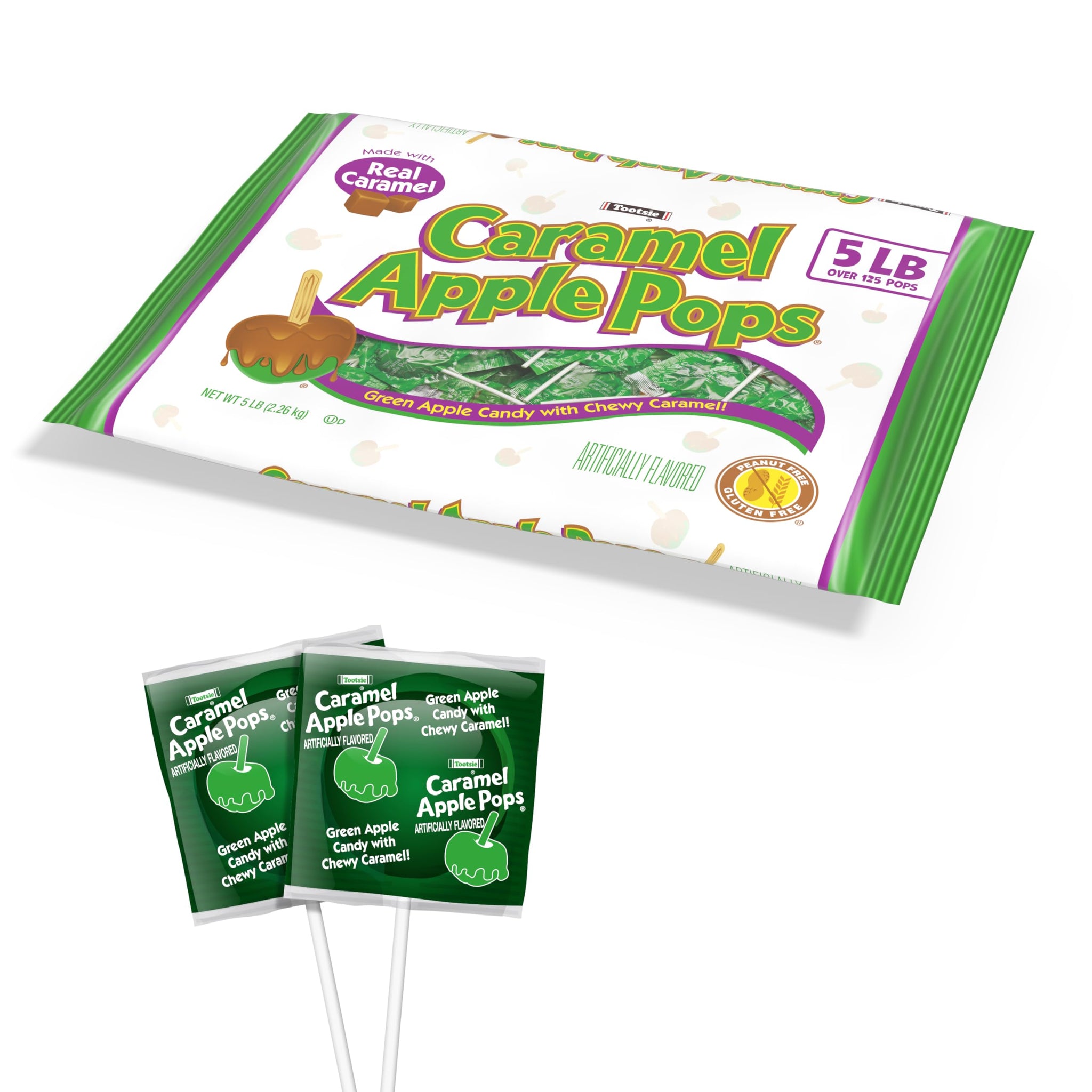 Tootsie Roll Caramel Apple Pops - Caramel Covered Green Apple Candy Lollipops - Bulk Gluten Free Candy - 5 Pound Bag of Caramel Apple Suckers, 125