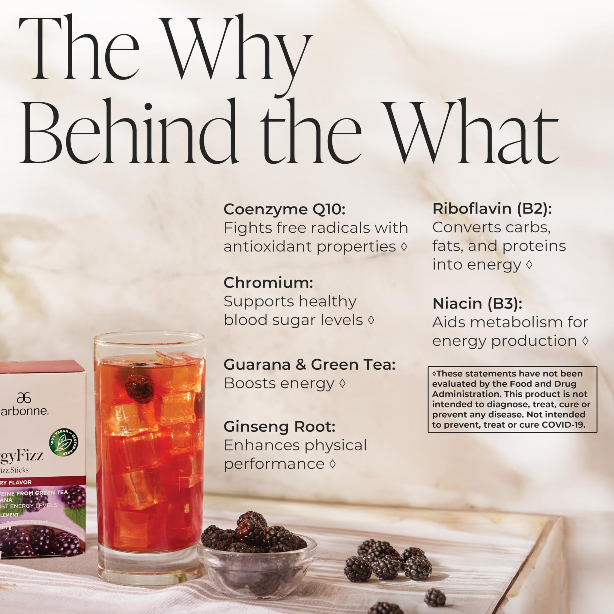 Arbonne Ginseng Energy Supplements - Blackberry Flavor Fizz Sticks, Energy Boost with Caffeine Powder from Guarana and Green Tea, Delicious