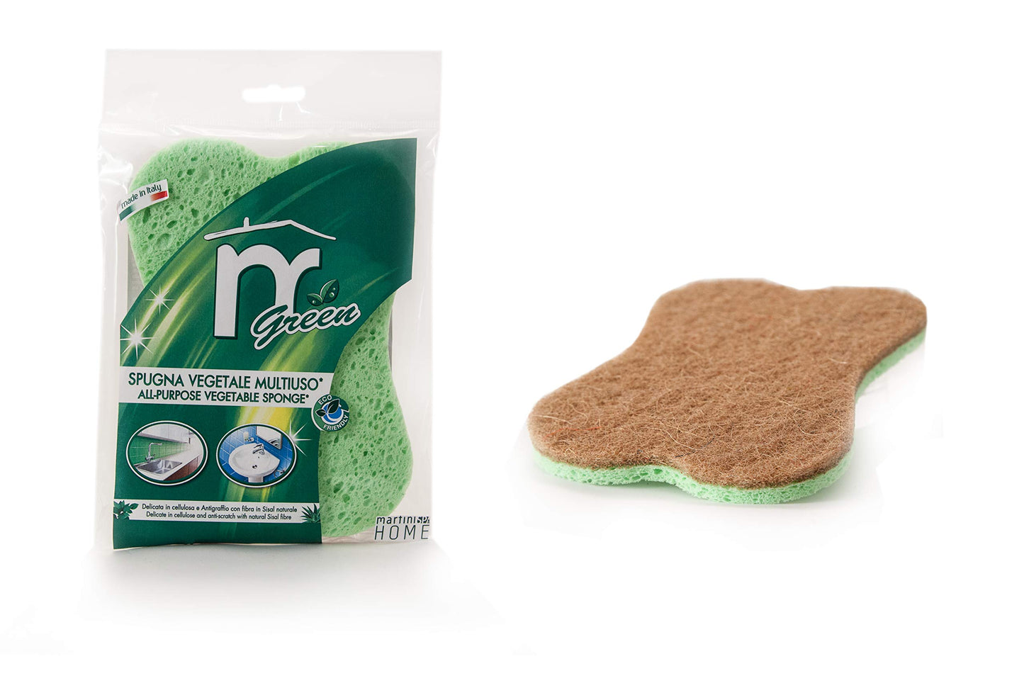 Italian Made Large Natural Eco-Friendly, non-scratch Multi-Surface Kitchen & Dish Scrub Sponge - Clover Shaped Natural Cellulose Sponge & Sisal- Plant