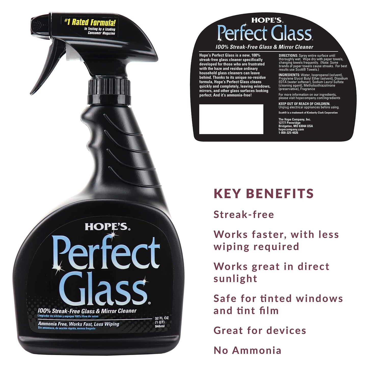HOPE'S Perfect Glass Cleaner Spray, Streak-Free, Ammonia-Free Window, Mirror, Screen, and Shower Door Cleaner, Indoor and Outdoor Glass Surfaces, 32