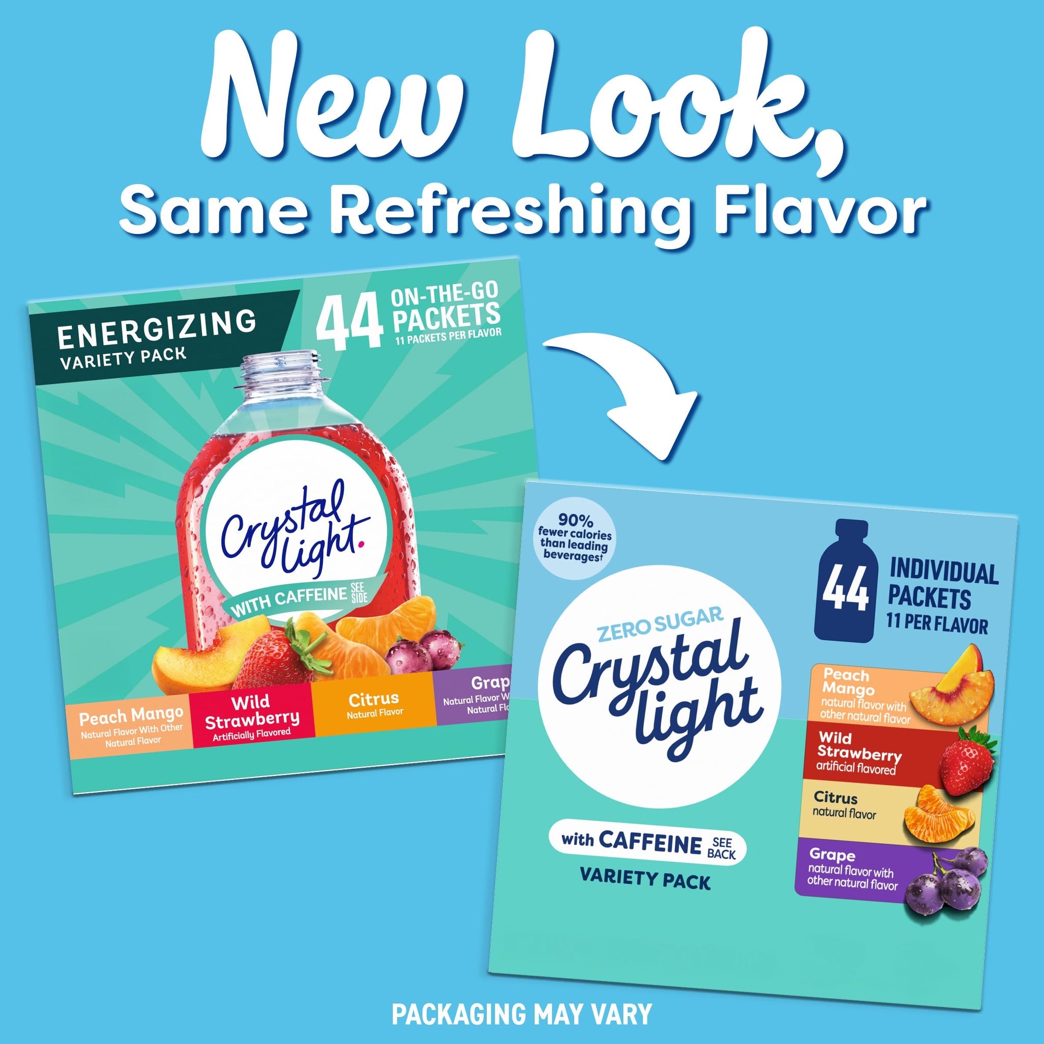 Crystal Light Energizing Drink Mix with Caffeine Variety Pack, 44 Packets for On-the-Go Hydration, Peach Mango, Wild Strawberry, Citrus, Grape