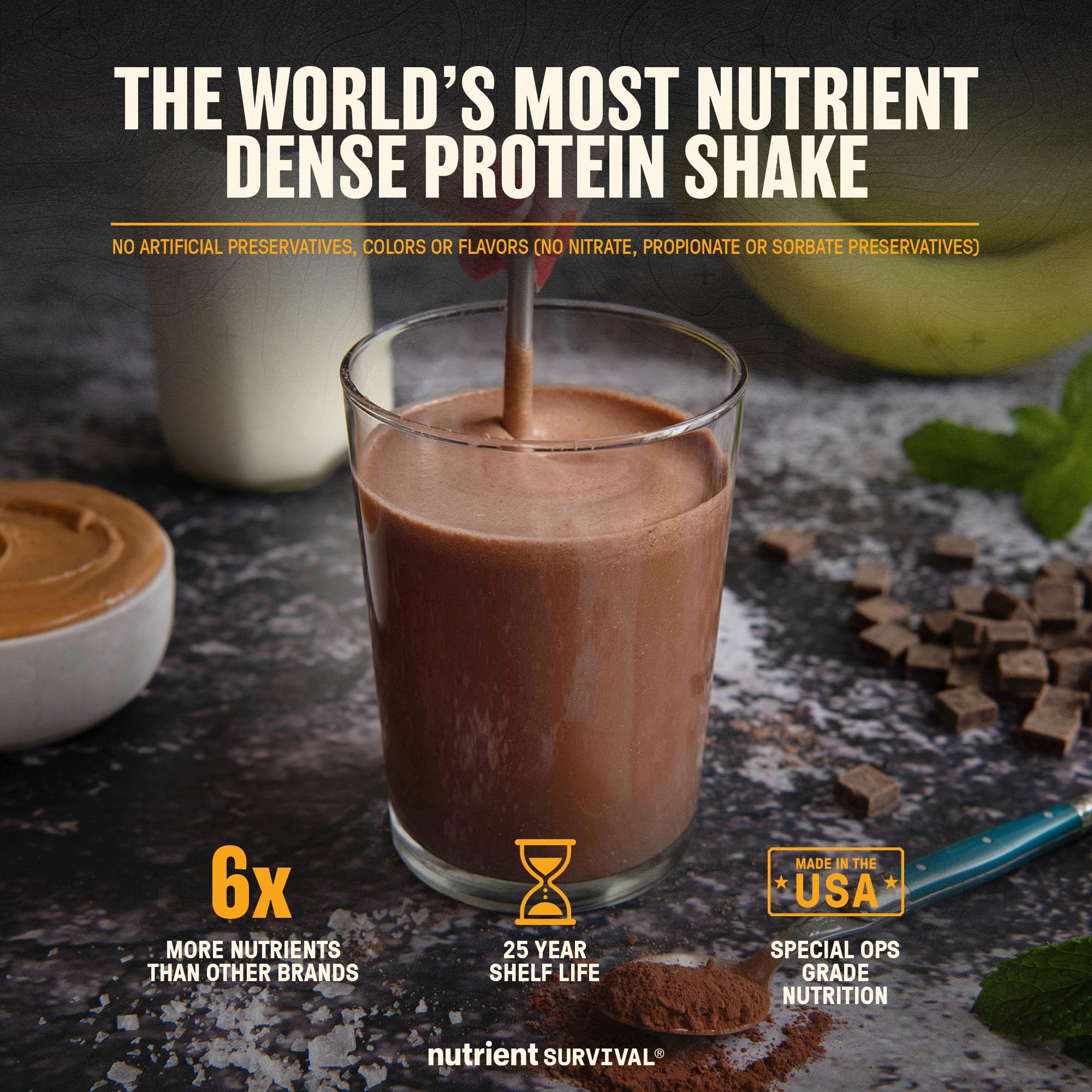 Nutrient Survival Whey Protein Powder Shake Chocolate Shake Gluten-Free, High-Protein Breakfast or Meal Replacement Shake, Perfect Dark Chocolate