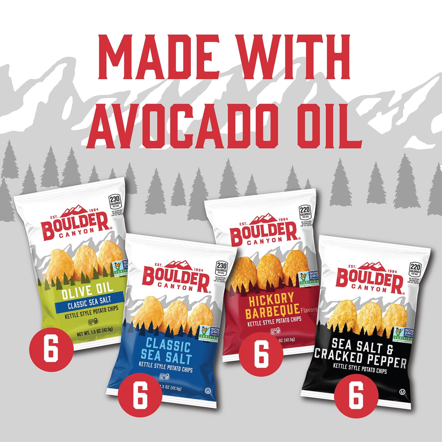 Boulder Canyon Kettle Style Potato Chips Variety Pack, 24 Count, Assorted 1.5oz. Bags, Olive Oil Classic Sea salt, Hickory BBQ, Sea Salt & Cracked
