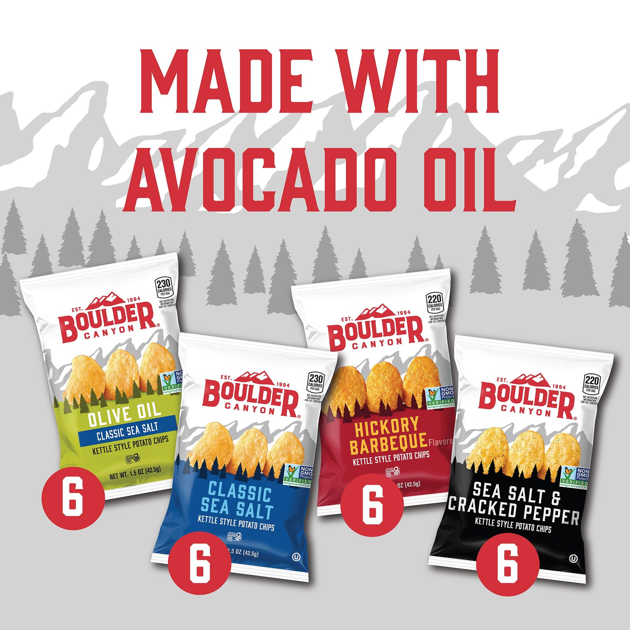 Boulder Canyon Kettle Style Potato Chips Variety Pack, 24 Count, Assorted 1.5oz. Bags, Olive Oil Classic Sea salt, Hickory BBQ, Sea Salt & Cracked