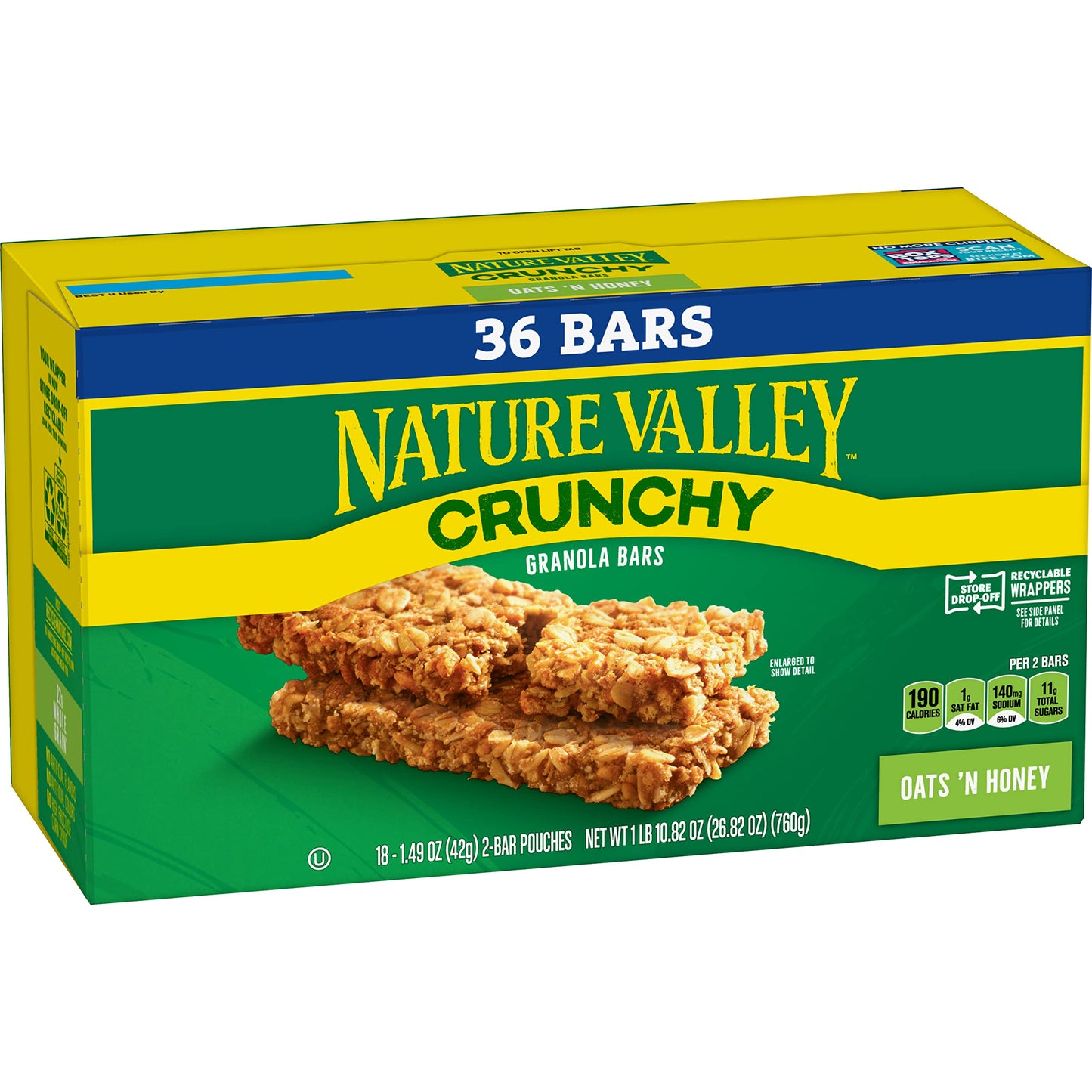 Nature Valley Crunchy Granola Bars, Oats 'n Honey, 36 Bars, 26.82 OZ (18 Pouches)