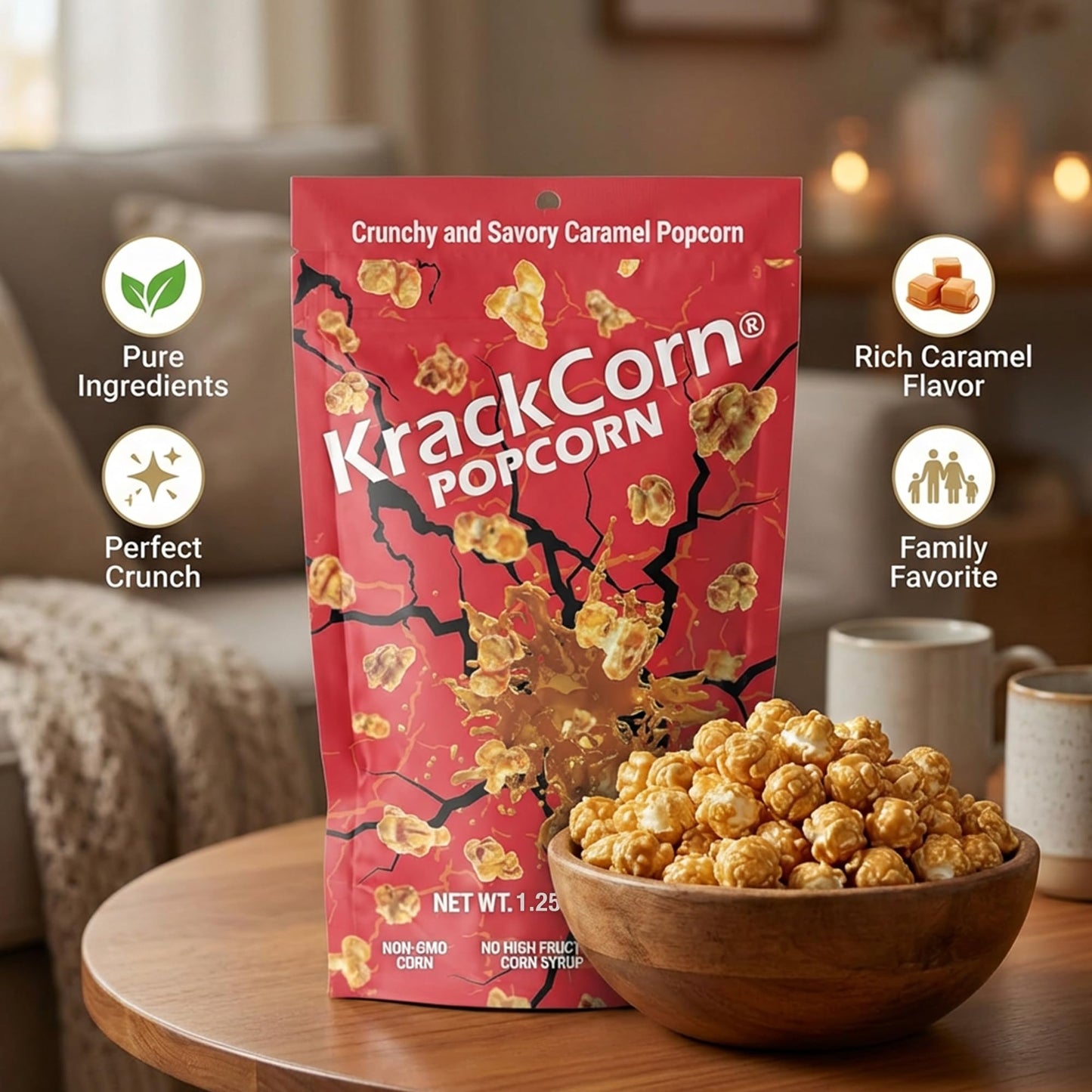 KrackCorn Caramel Popcorn, Gluten-Free, Non-GMO, Sweet and Salty Snack, No High Fructose, Guilt Free, Non Greasy Delight Ideal for Family Parties, 11