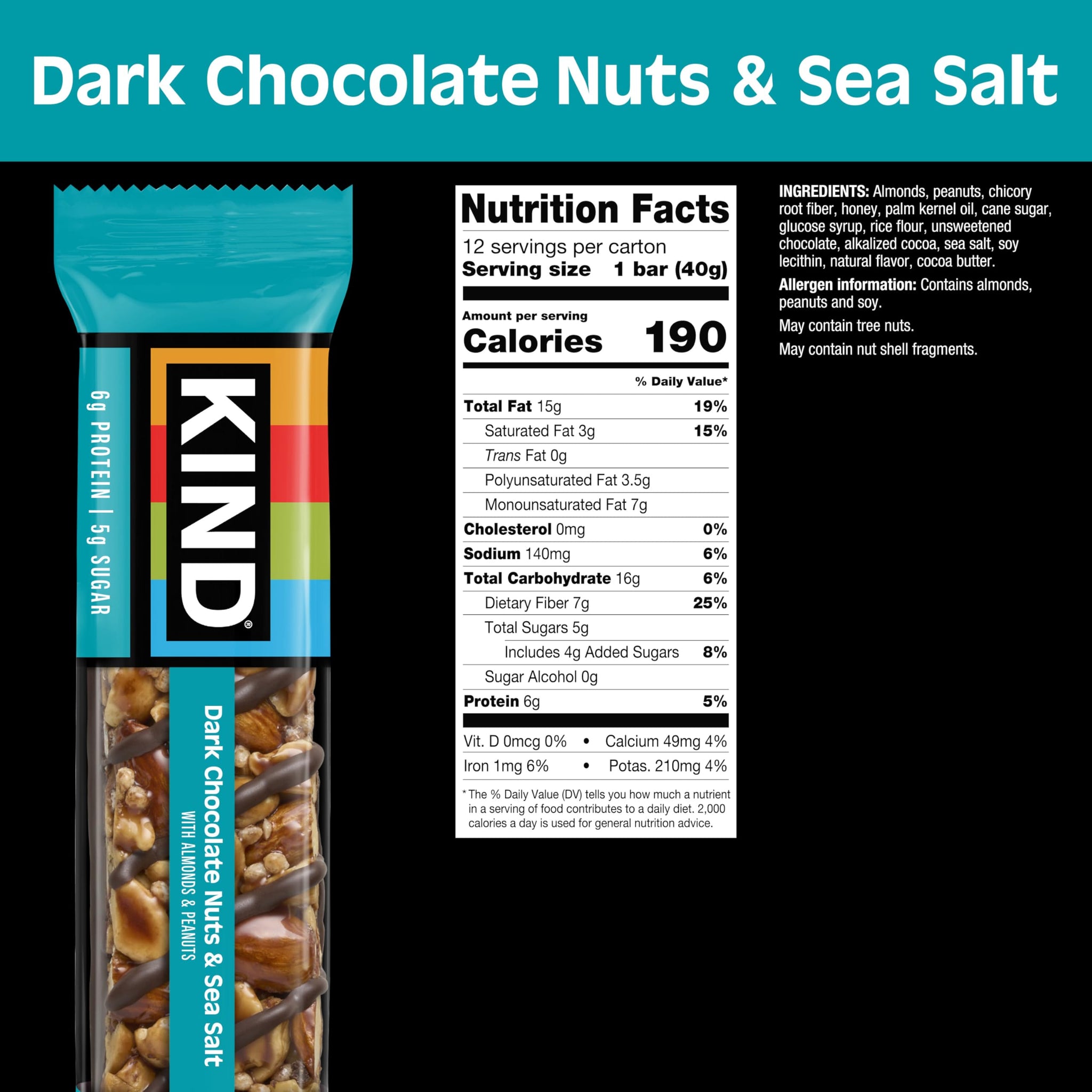 KIND Healthy Snacks Bars, Dark Chocolate Nuts & Sea Salt, Gluten Free, Low Sugar, High Fiber Snacks, 6g Protein, 24 Count