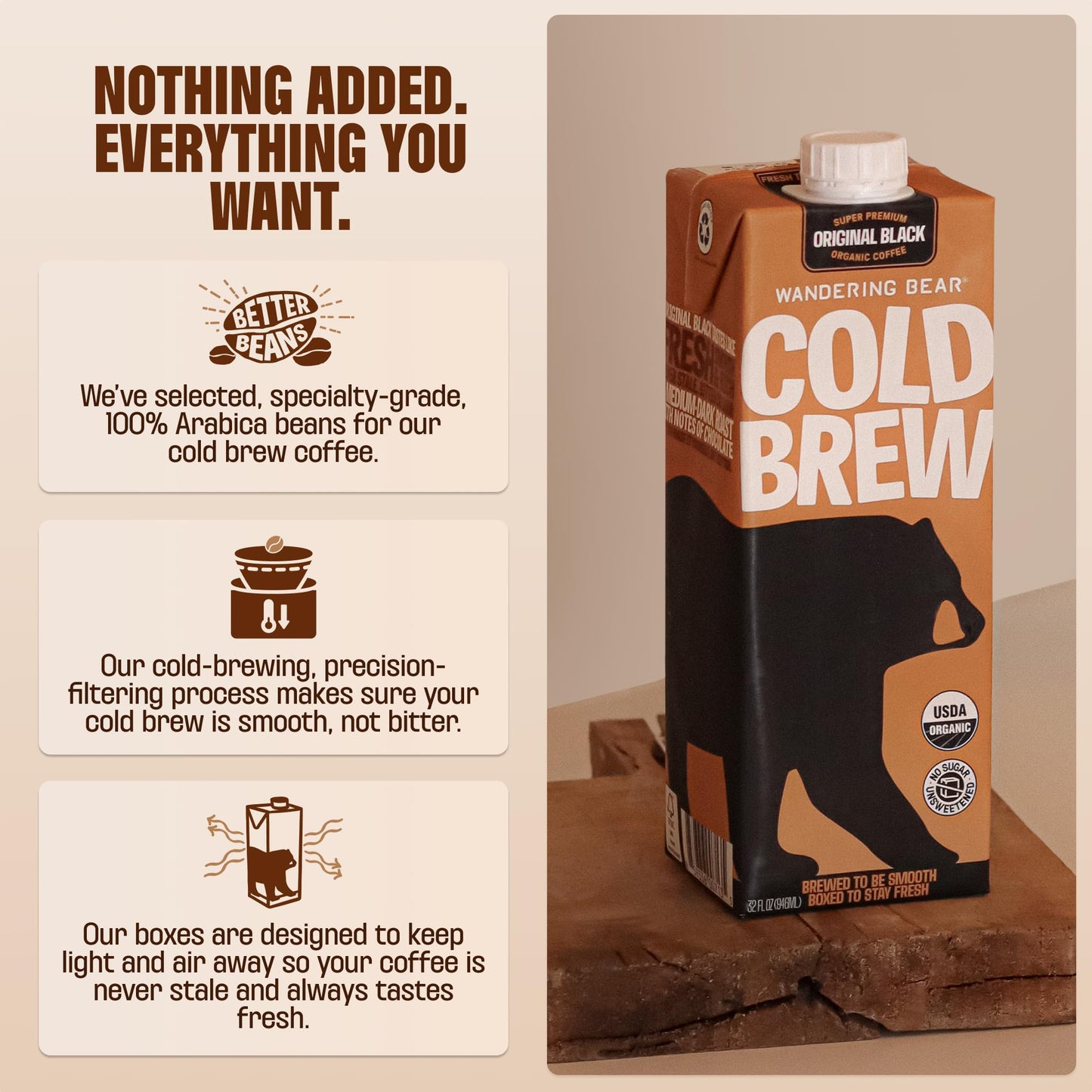 Wandering Bear Decaf Cold Brew Coffee - Bold, Smooth, No Sugar Added, Shelf-Stable, Ready to Drink, Gluten Free & Vegan Decaf Iced Cold Brewed Coffee