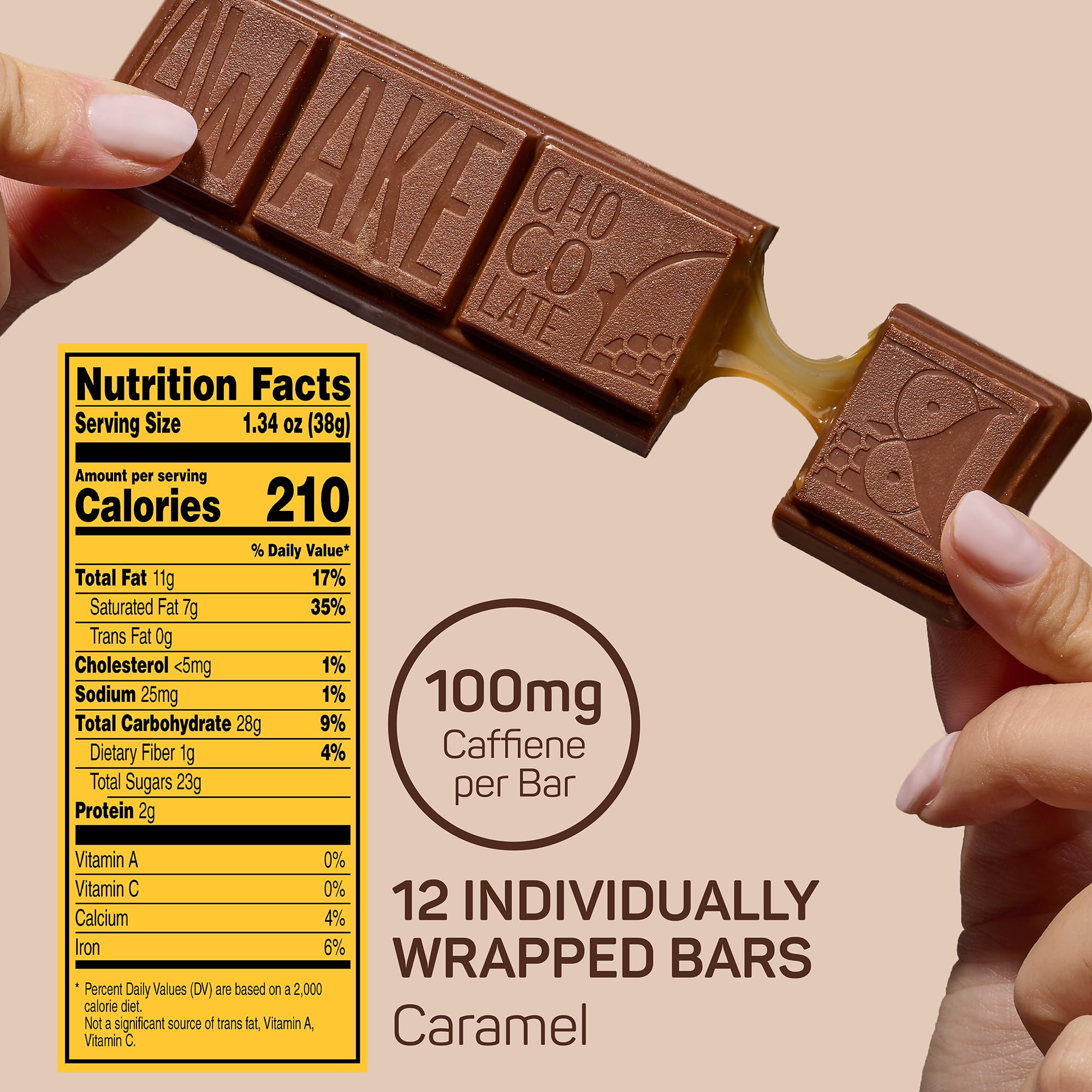 Awake Caffeinated Chocolate Energy Bar, Caramel Chocolate Energy Bar, 1 Bar Equals 1 Cup of Coffee, 12 Bars (18.6 oz)