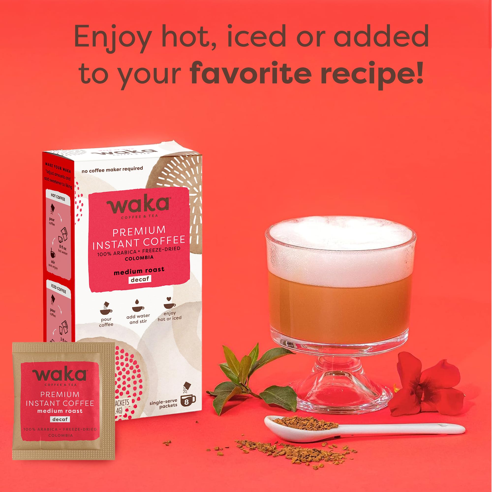Waka Premium Decaf Instant Coffee Sachets - 100% Arabica Freeze Dried Beans - For Hot or Iced Coffee (8 Count, Decaf Medium Roast)