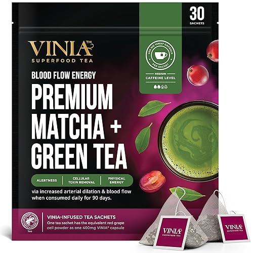 VINIA Premium Matcha + Green Tea Bags, Made with Organic Tea, Infused with Piceid Resveratrol for Heart Health, Nitric Oxide, Physical Energy
