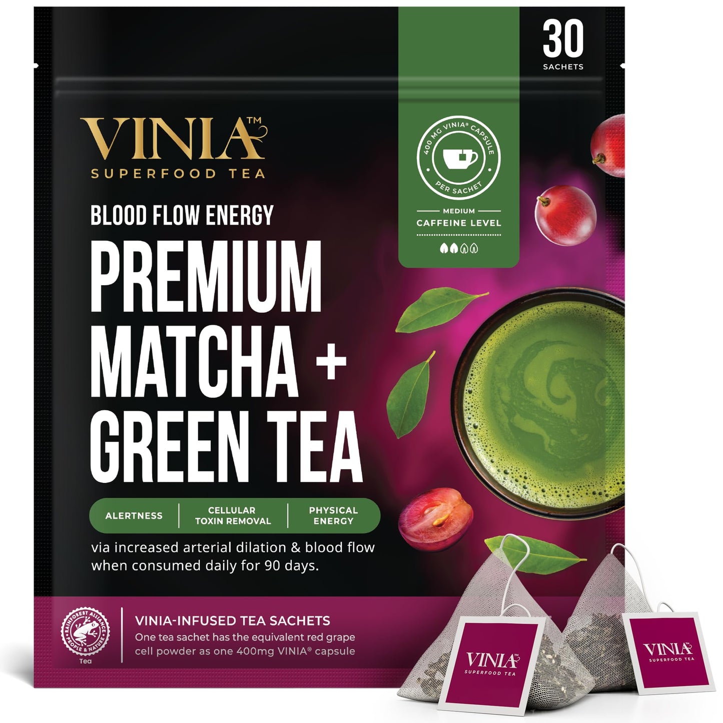 VINIA Premium Matcha + Green Tea Bags, Made with Organic Tea, Infused with Piceid Resveratrol for Heart Health, Nitric Oxide, Physical Energy
