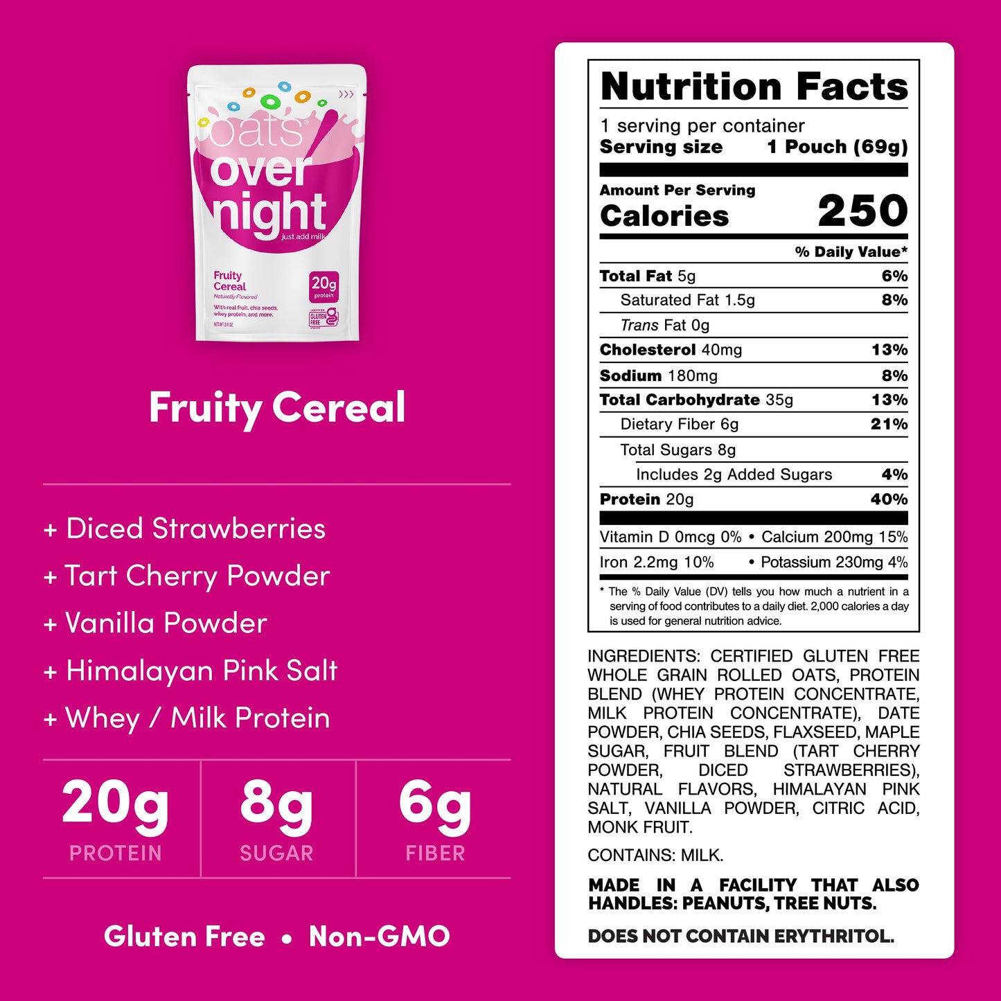 Oats Overnight Fruity Cereal - Overnight Oats with 20g Protein, High Fiber Breakfast Protein Shake - Gluten Free Oatmeal, Non GMO High Protein Oatmeal