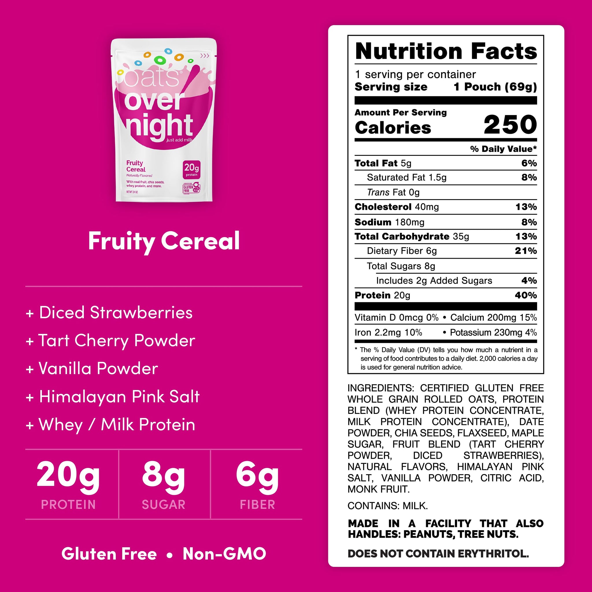 Oats Overnight Fruity Cereal - Overnight Oats with 20g Protein, High Fiber Breakfast Protein Shake - Gluten Free Oatmeal, Non GMO High Protein Oatmeal