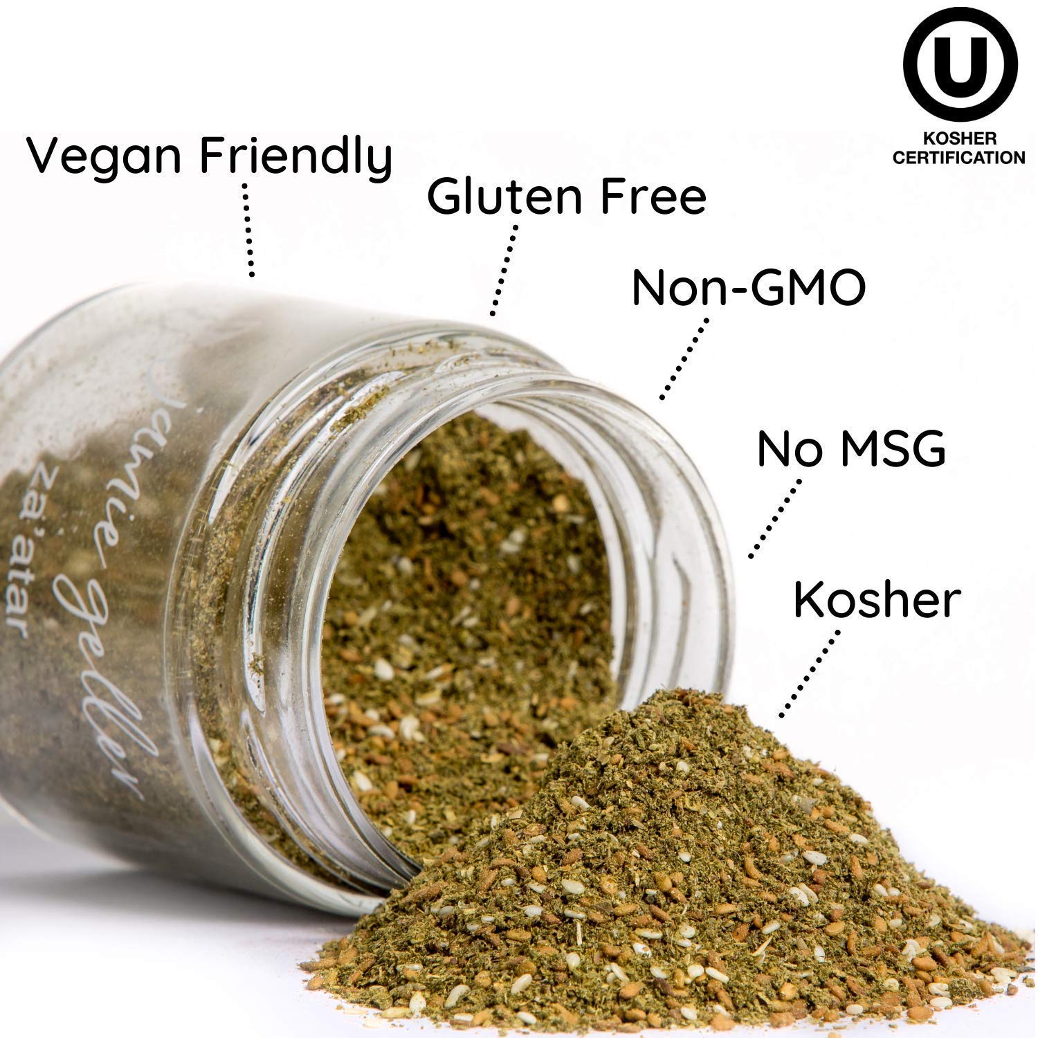 Jamie Geller Za'atar Spice Seasoning | Fresh Hyssop Herb Mix Spices (3.5 oz Glass Jar, 100g) OU KOSHER | Mediterranean Blend For Greek Yogurt, Hummus