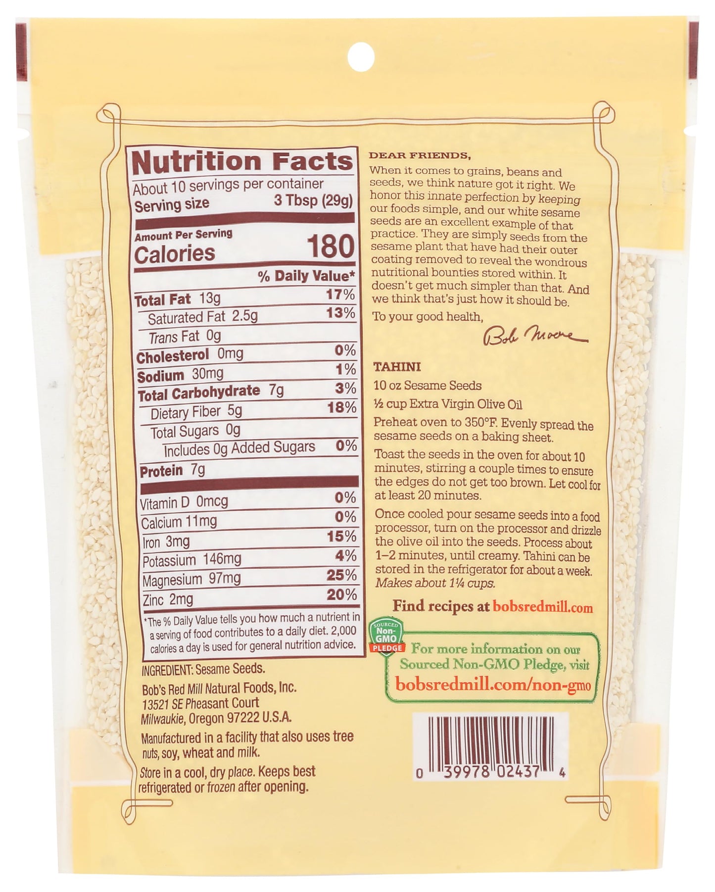 Bob's Red Mill White Hulled Sesame Seeds, Resealable Stan up Bag, 10 OZ