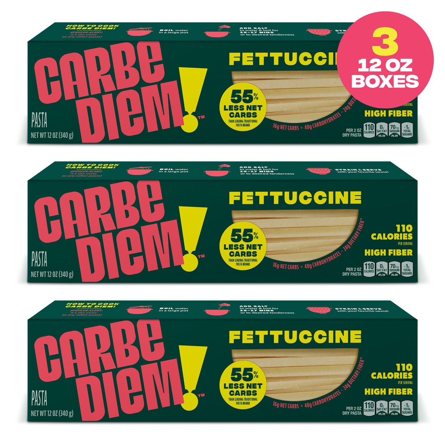 Carbe Diem!, Fettuccine, Lower Net Carb Pasta with Traditional Flavor & Texture, 8 grams of Protein, 55% Fewer Net Carbs & Only 110 Calories Per