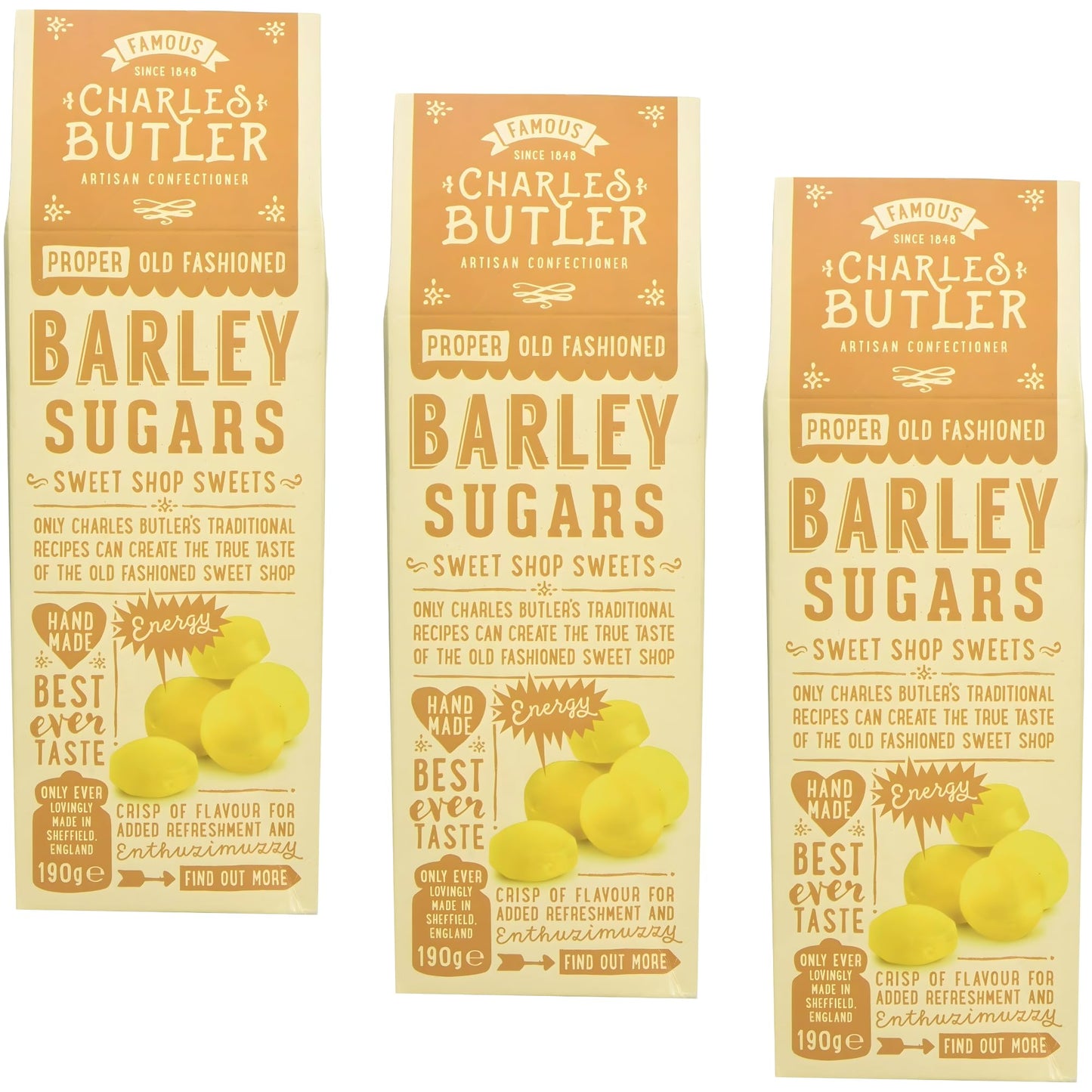 Charles Butler Barley Sugars 6.7oz (Pack of 3) | Handmade Old Fashioned Barley Sugar Candy Drops | Traditional British Hard Candy Gift Box | English