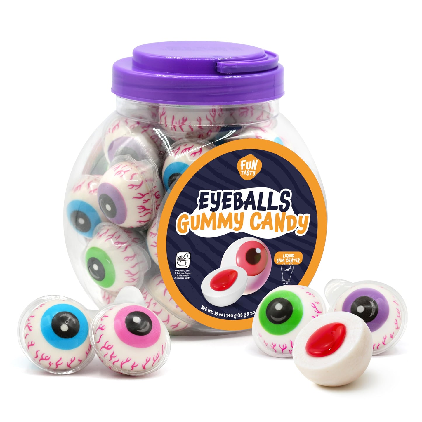 Eyeballs Gummy Candy - 19 Oz Jar (30 Count) - Strawberry Jelly Filled Gummies - Individually Wrapped Candy - Party Favors - Spooky Eyes Gummies by